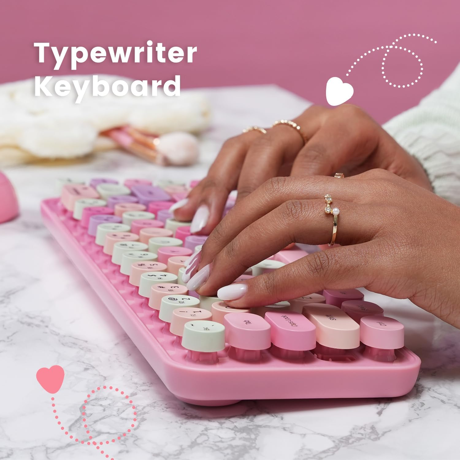 Perixx PERIDUO-802PK Bluetooth Mini Keyboard and Mouse Combo - Retro round Key Caps - Pastel Pink - US English image number 6