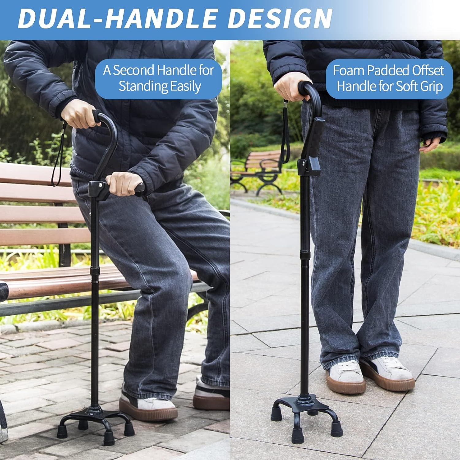 Adjustable Walking Cane for Men & Women with 4-Pronged Base for Extra Stability - Foldable Cane for Seniors with Foam Padded Offset Handle for Soft Grip & a Second Handle for Standing Black image number 3