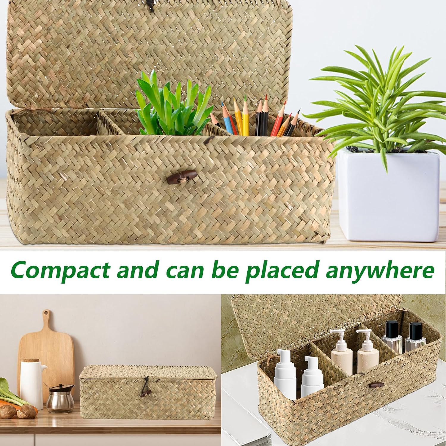 APACALI Pack of 2 Seagrass Storage Basket with Lid, Rectangular Rattan Storage Basket with Compartment, Natural Braided Baskets, Wicker Baskets for Shelves, Organisation of Natural Seagrass image number 6