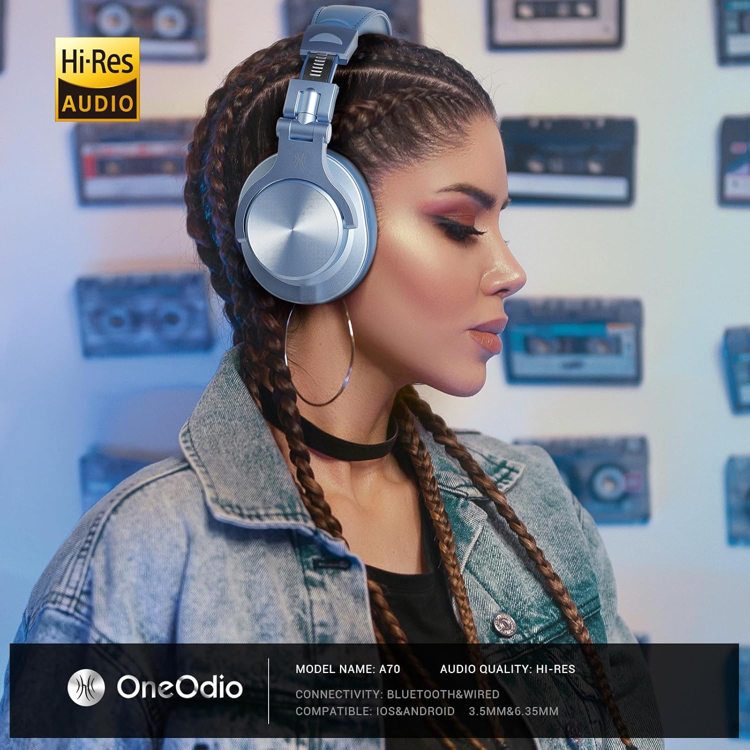 Oneodio A70 Wireless Headphones, 72 Hours Playtime, over Ear, Bluetooth 5.2, Enhanced Bass, Wired/Wireless, Blue - Black image number 3