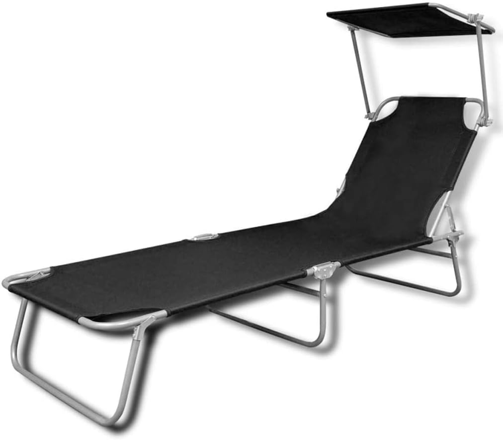 Vidaxl Adjustable Sun Lounger with Canopy&ndash; Foldable, Light, Steel and Polyester&ndash; Black - Green image number 4