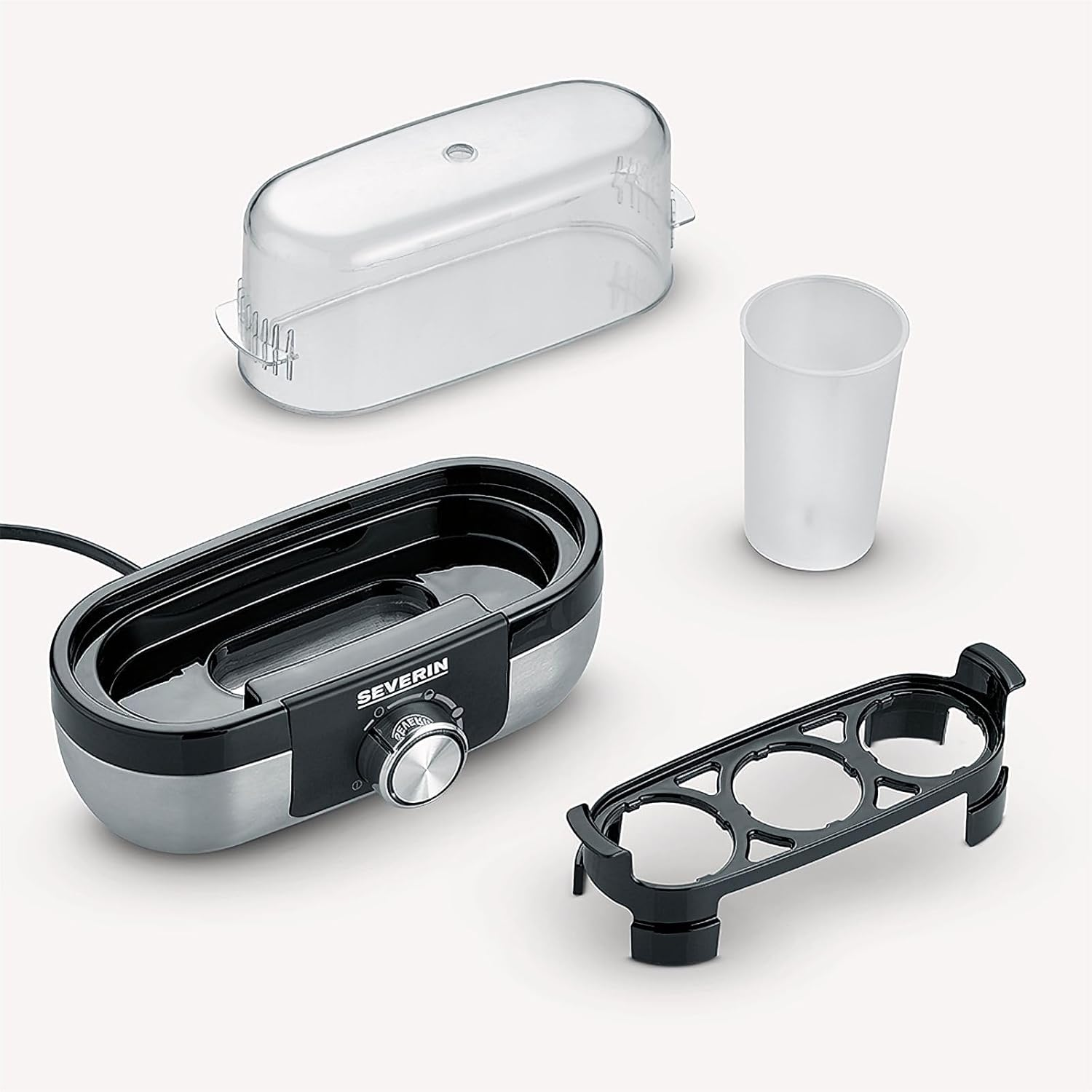 SEVERIN EK 3163 Egg Cooker for 3 Eggs with Electronic Cooking Time Monitoring Including Measuring Cup with Egg Cutter Egg Cooker for Ideal Hardness Level Brushed Stainless Steel/Black 300 W image number 1