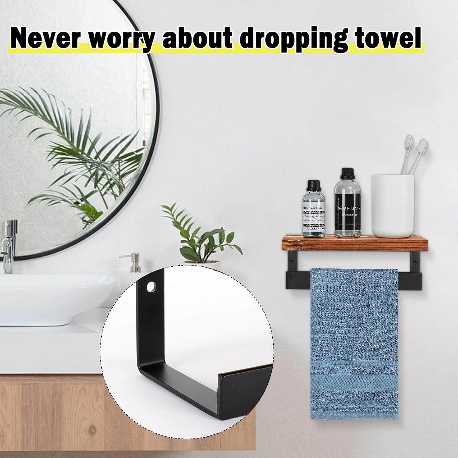 Winmien Hand Towel Holder/Towel Ring with Wooden Shelf, Premium Metal Hand Towel Rack, Hand Towel Hanger for Bathroom, Bathroom Accessories Wall Mounted (Matte Black, 9 Inch) image number 2