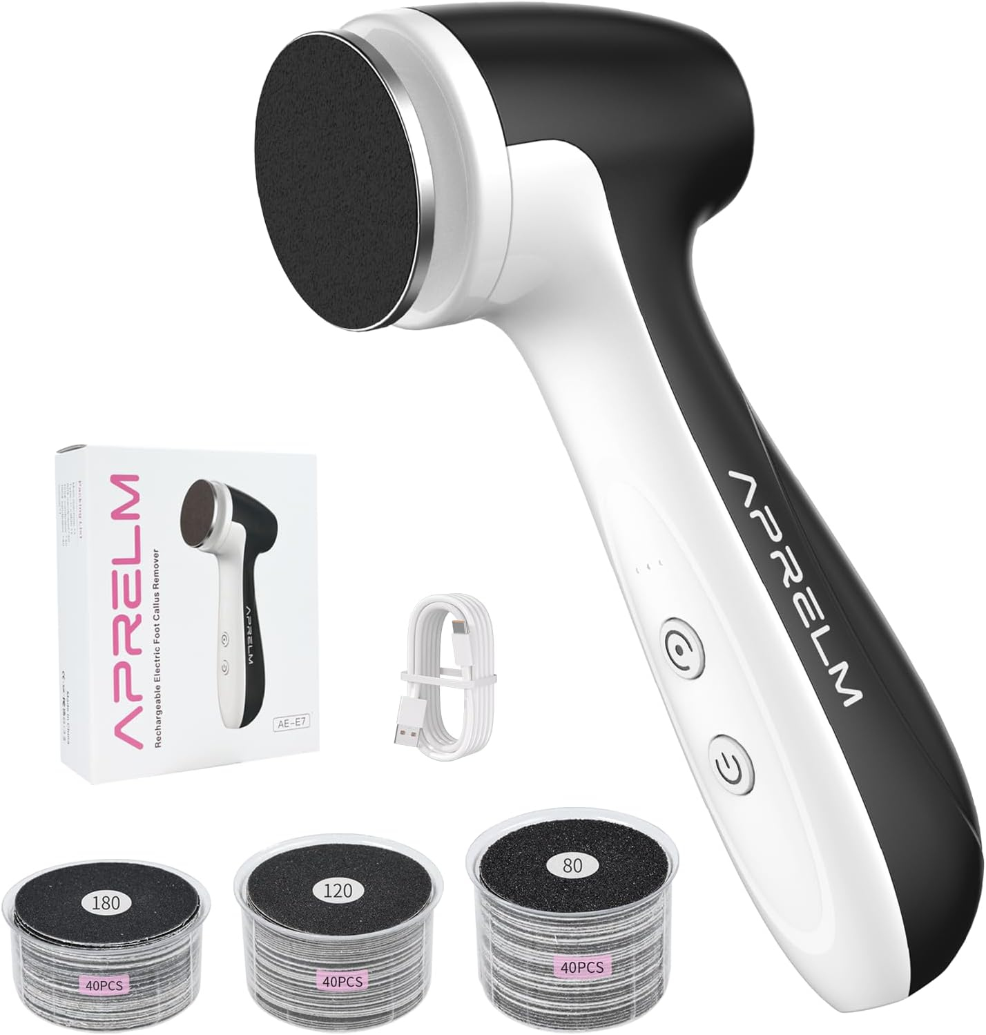 Aprelm Rechargeable Electric Foot Callus Remover with 3-Sizes 120Pcs Sandpaper Discs, Professional 1000RPM 3-Speed Control Electric Foot File (Pink)