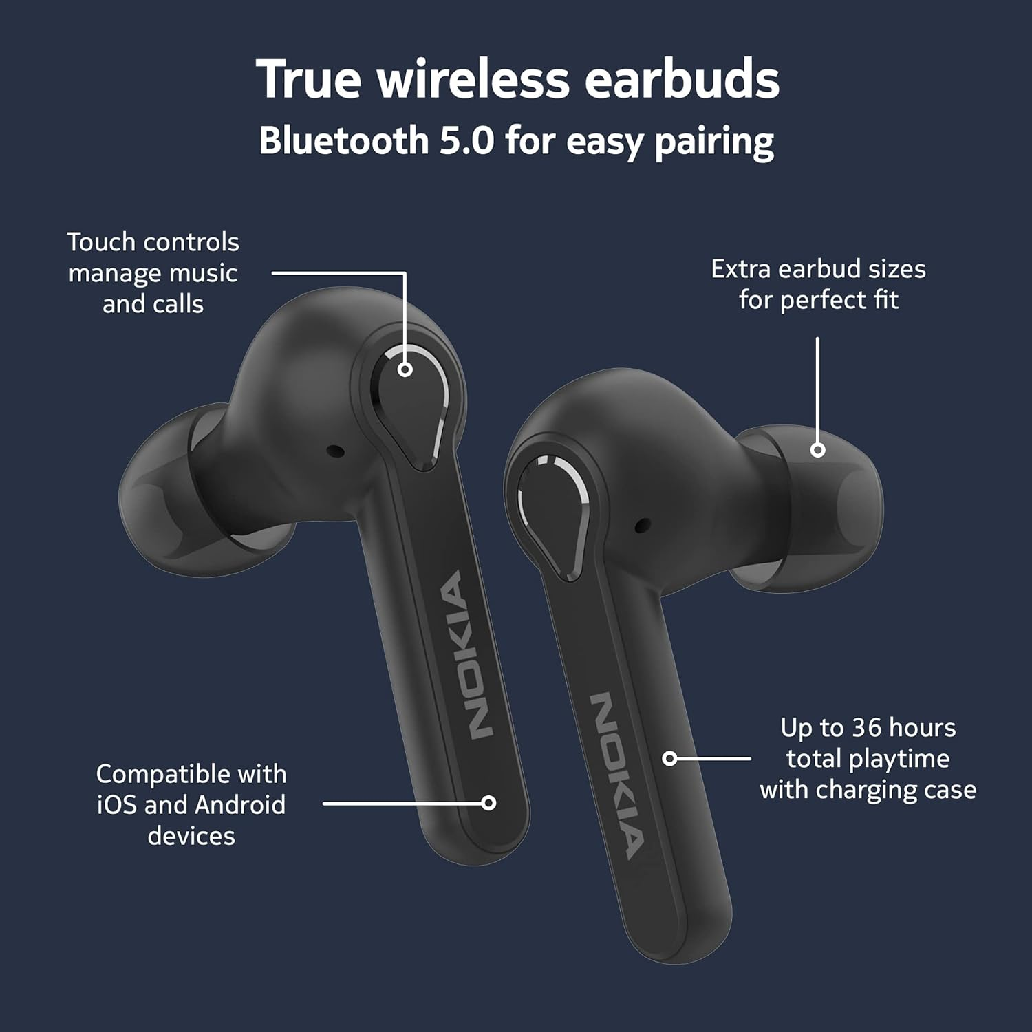 Nokia Lite Earbuds (Genuine Nokia Product) 2021 Universal Bluetooth Earphones with Audio, Charging Case, up to 36 Hours Battery, Easy Touch Controls, Black Medium image number 2
