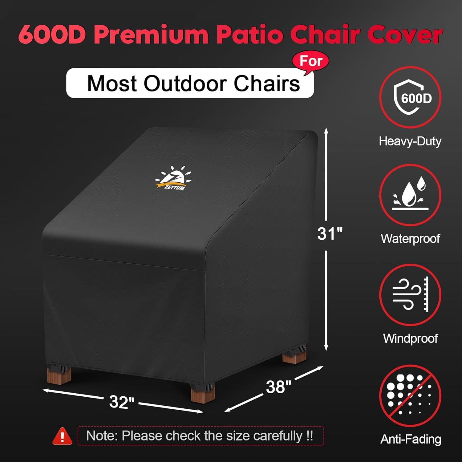 Zettum Patio Chair Cover - 600D Outdoor Chair Cover Waterproof & Heavy Duty, Lawn Lounge Deep Seat Furniture Cover for Swivel Chair, Wicker Chair, Rocking Chair, Single Sofa Chair - 32 X 38 X 31 Inch image number 4