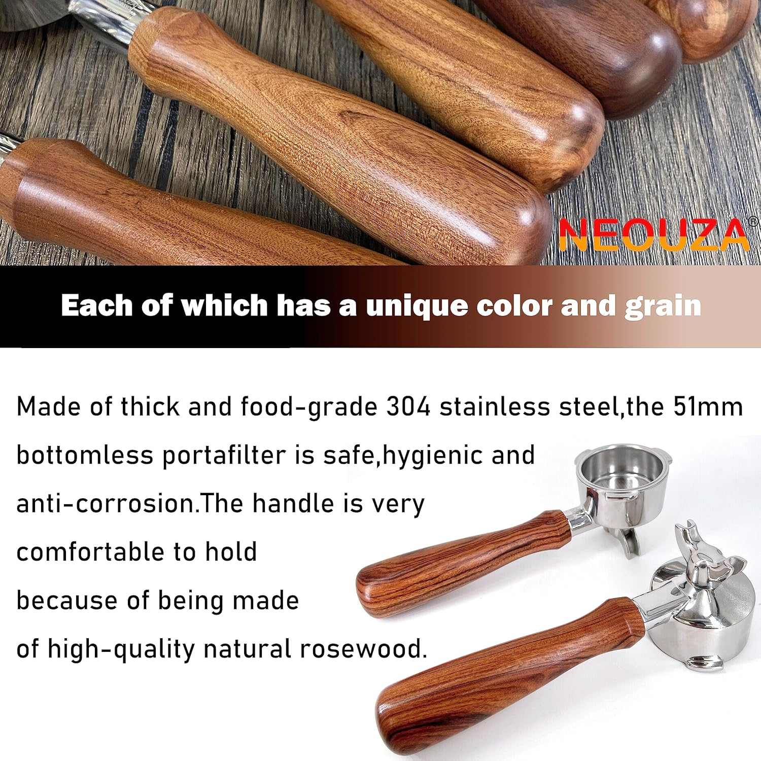 NEOUZA 51Mm 3-Ears Espresso Portafilter Compatible with Delonghi Dedica EC680 EC685 and Smeg ECF01 Coffee Machines &ndash; Double Spout Non-Pressurized Basket, 304 Stainless Steel, Rosewood Handle image number 6