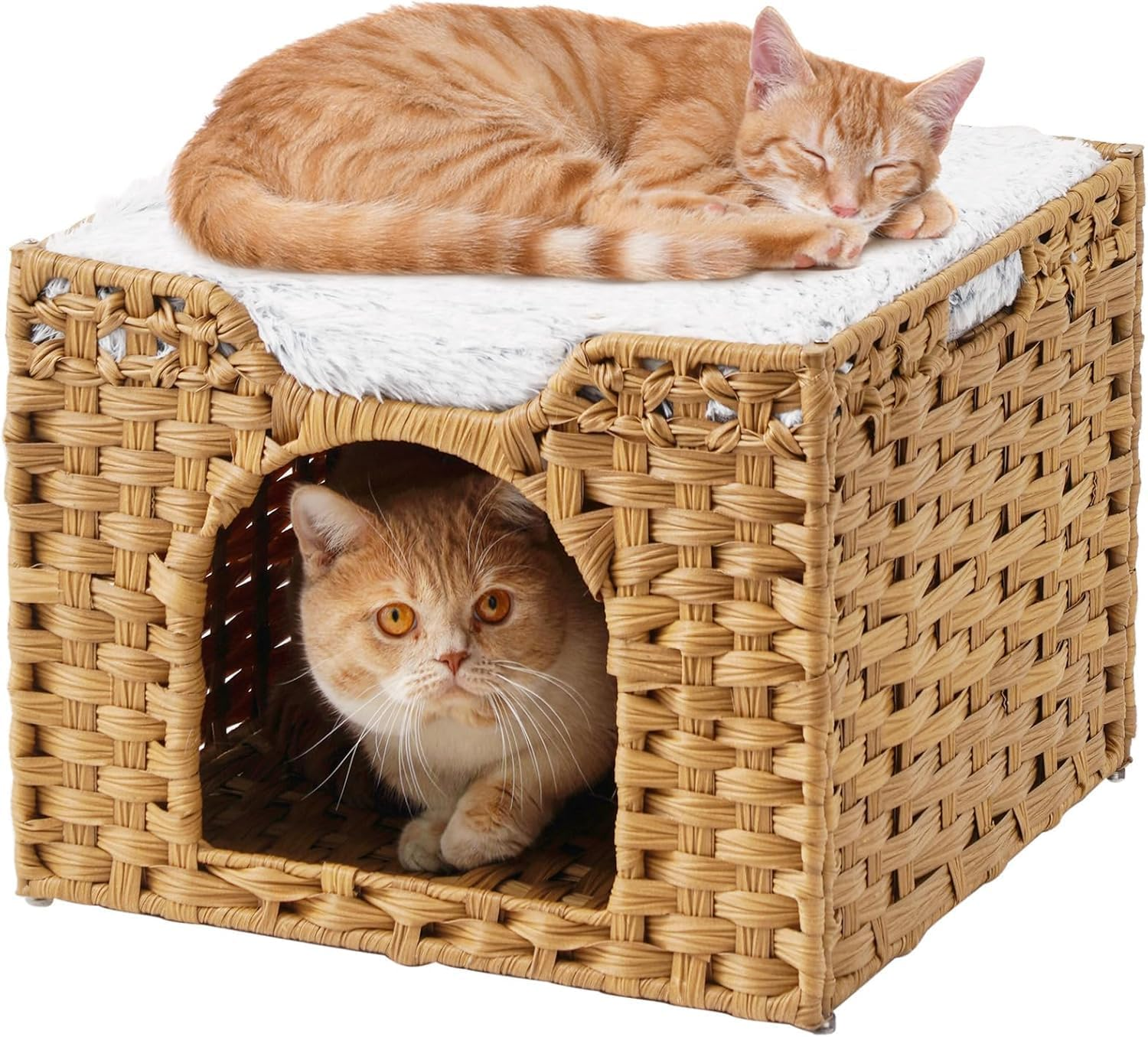 Homodoskey Cat Beds for Indoor Cats, Large Foldable Handwoven Rattan Cat Cave for Pet Cat House, Cute Kitten Condo Hideaway Hut with Soft Mat for Pets image number 1