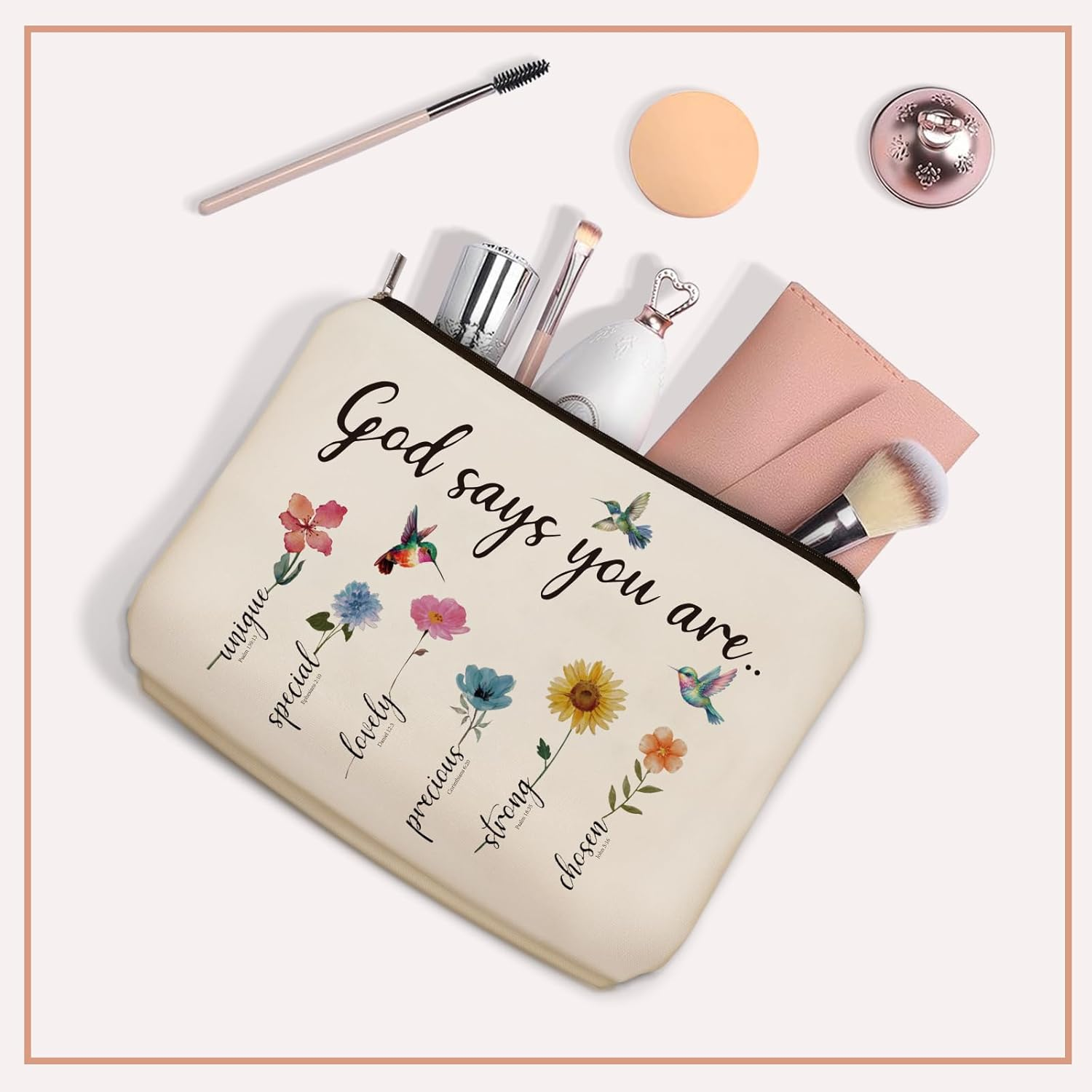 Girlly God Says You Are Scripture Makeup Bag Christian Valentines Day Gift: Inspirational Bible Verse Cosmetic Bag, Affirmations & Encouragement Gifts, Flower Bird Themd Birthday Gifts for Women Girls