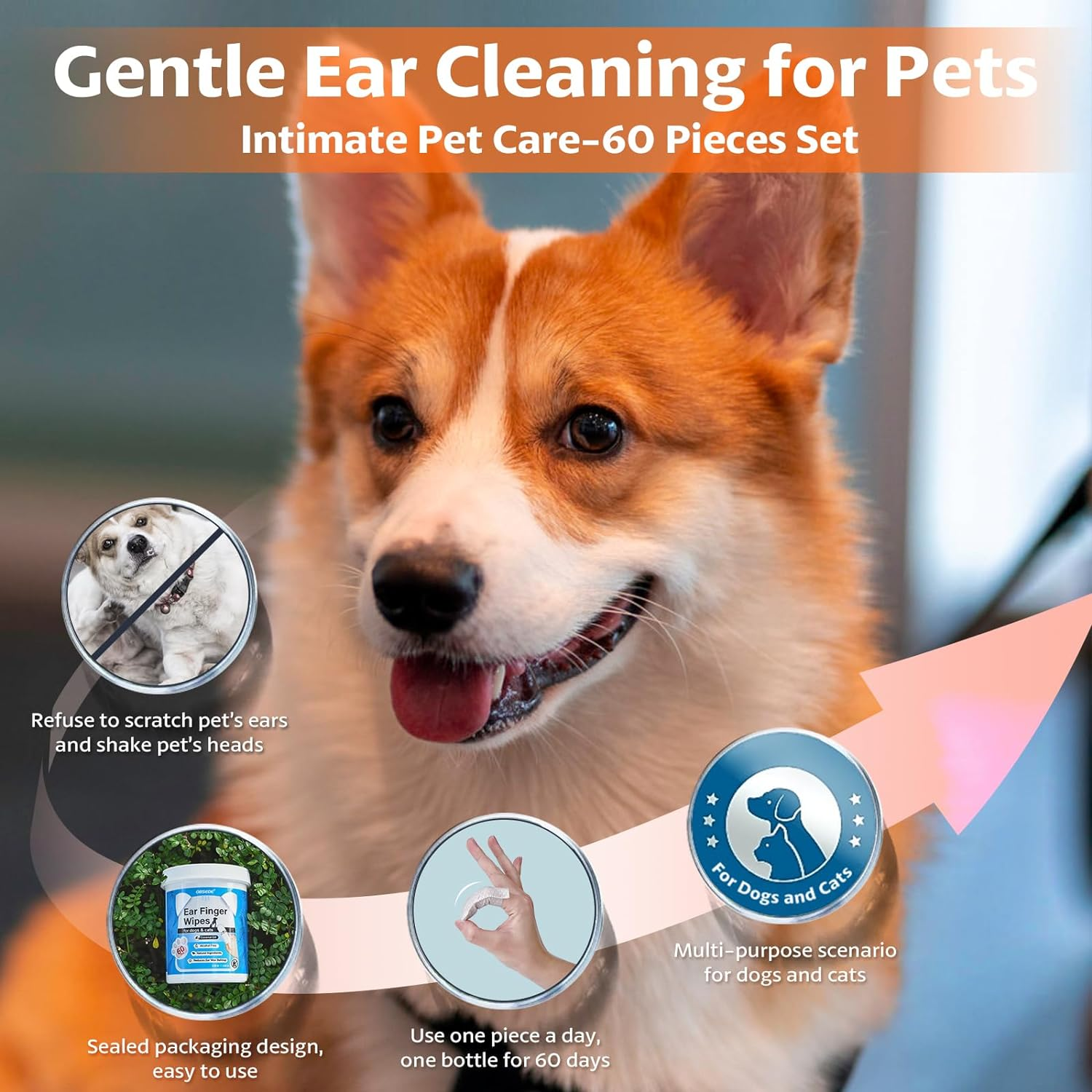 OBSEDE Ear Cleaner Finger Wipes, Grooming Kit Care for Dogs and Cats Regular Soothing Odor Control Reduce Dirt Wax Build up Pet Supplies Easy to Use Fresh Coconut Scent, 60 Count image number 4