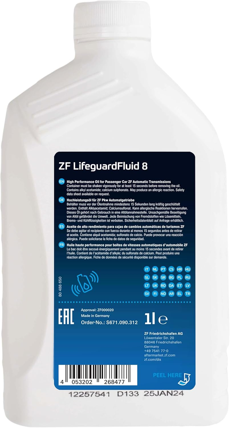 ZF Lifeguard Fluid 8 Automatic Transmission Fluid, 1 Litre S671.090.312