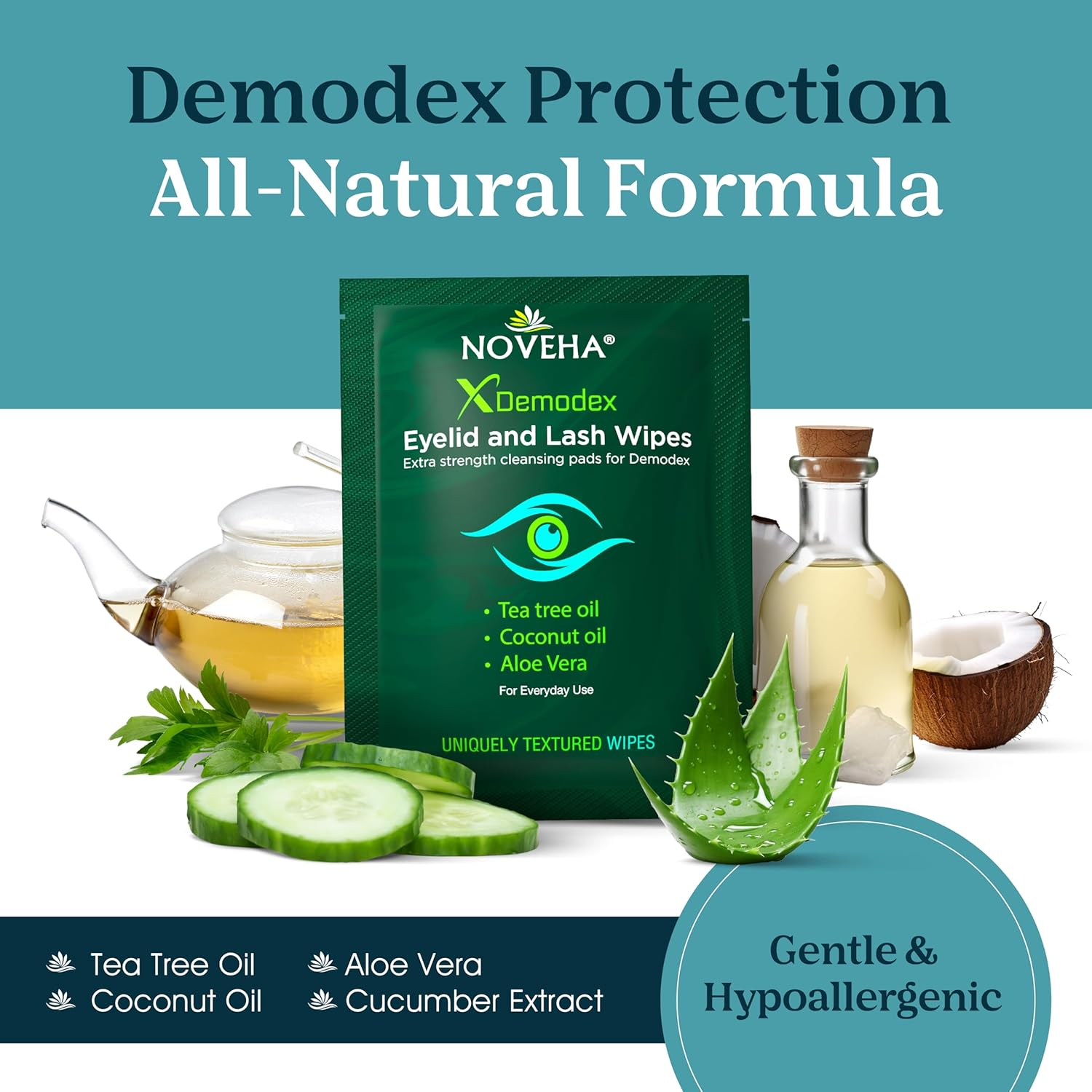 NOVEHA Demodex Eyelid & Lash Wipes | Box of 60 Individually Wrapped Extra Strength Cleansing Eyelash Wipes - Battle Itchy & Irritated Eyes Associated with Demodex Mites, Naturally Remove Debris image number 3