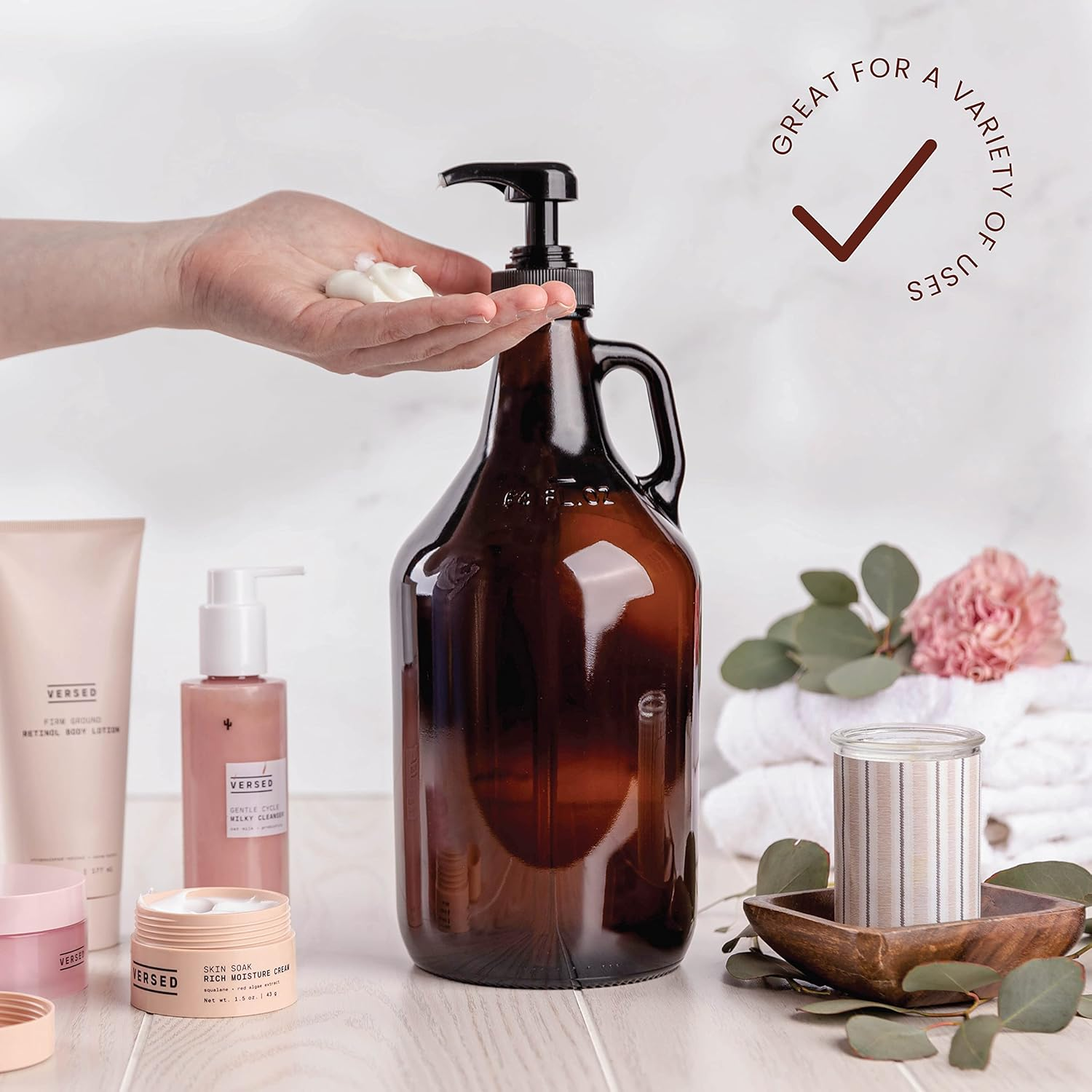 Half Gallon Glass Pump Dispenser Bottle, Large Jug with Pump for Laundry Soap Dispenser, Liquid Detergent, Fabric Softener, Syrup Pump - 64 Oz Capacity - Amber Bottle- Pack of 2, by Kitchentoolz image number 3