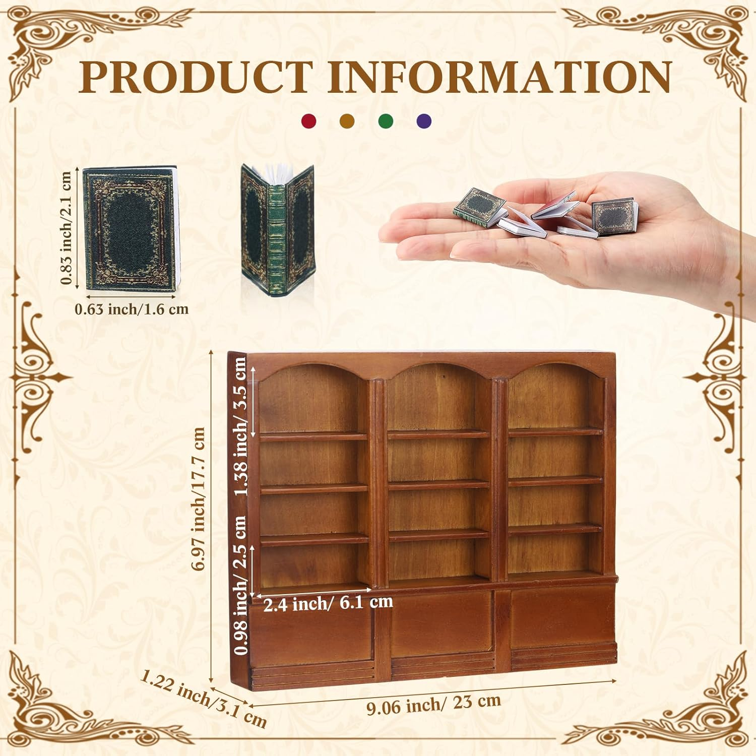 1: 12 Scale Dollhouse Miniature Wooden Bookshelf with 48 Pcs Miniatures Books, Mini Bookcase Tiny Books for Dollhouse Mini Library Decoration Furniture Accessories (4 Layers) image number 4