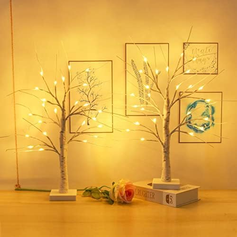 2-Pack 2FT Birch Tree with 48 LED Lights and Timer For