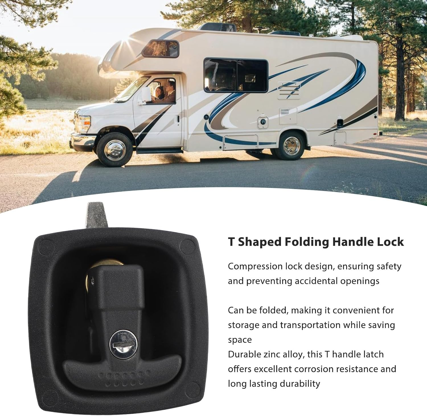 T Handle Latch for RV, Zinc Alloy Construction, Compression Lock Design, Proof Water Outdoor Lock, Matte Surface Treatment, Black, Fits for RV Trailer image number 6