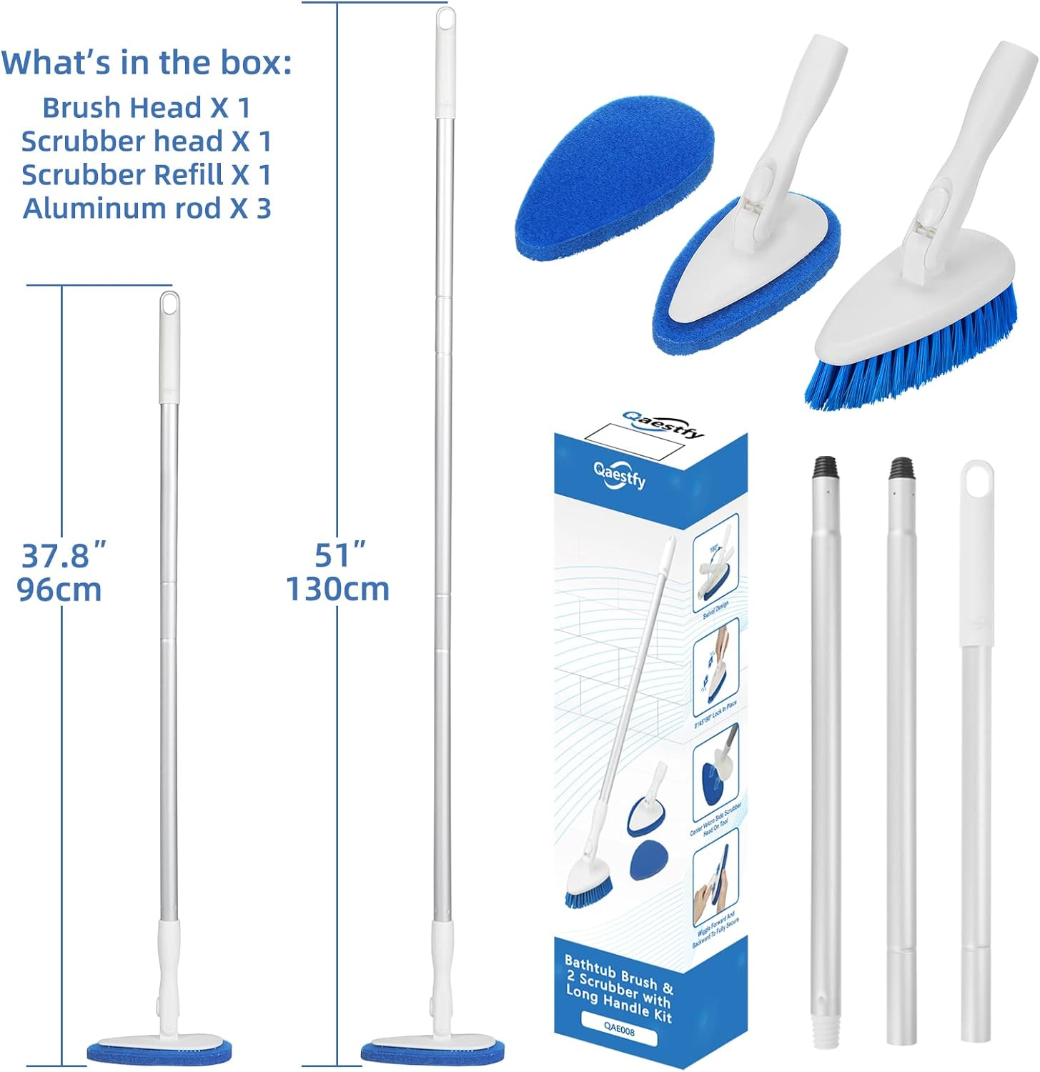 Qaestfy Shower Bathtub Tub and Tile Scrubber Brush with 51'' Adjustable Long Handle Cleaning Brushes Lock in Place Scrub Brush Head for Bathroom Wall Floor Scrubbing Model QAE008 image number 2