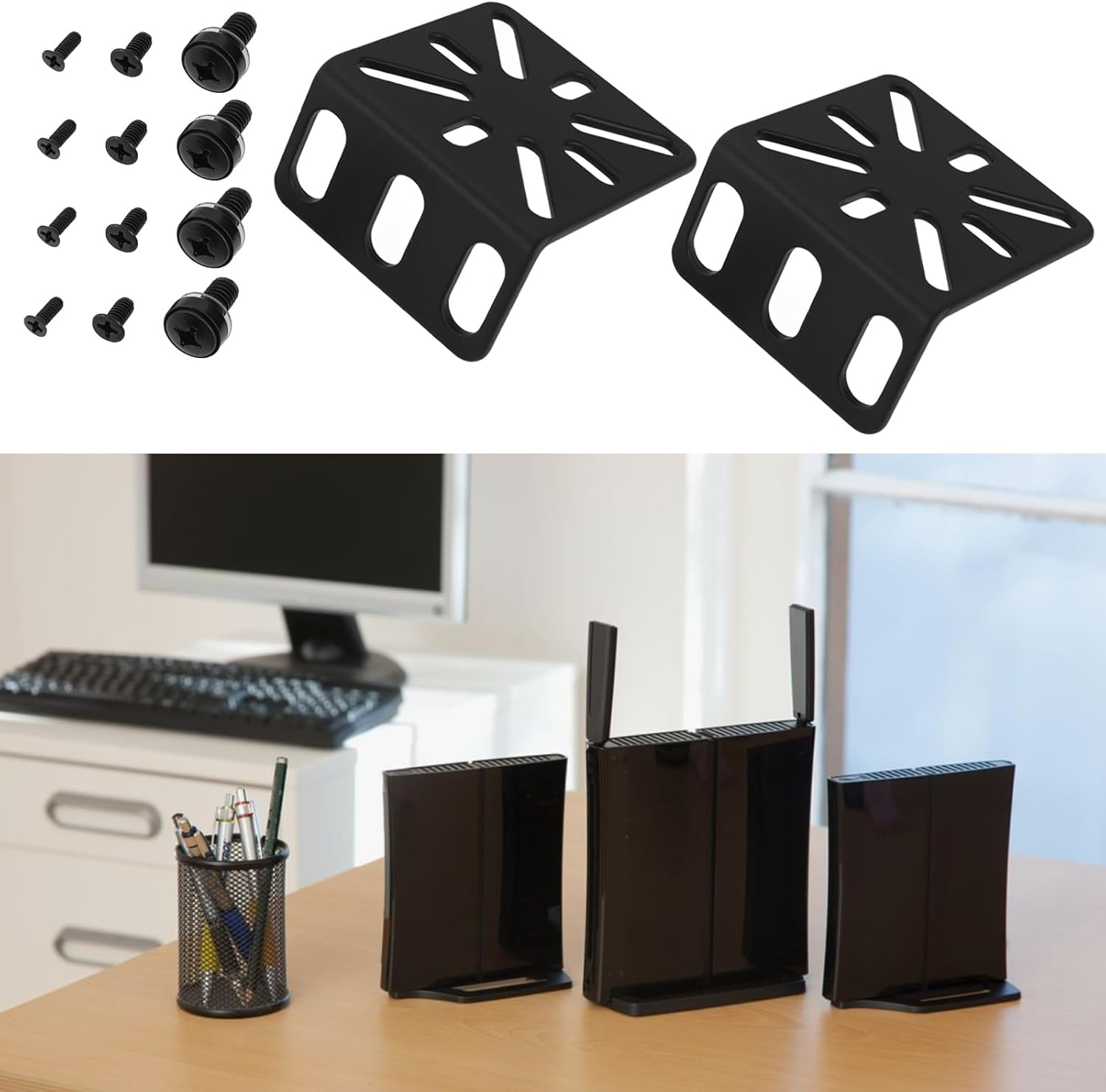 Be in Your Mind 2Pcs Switch Adjustable Rack Rack Mount Kit Adjustable Hole Distance 13-35Mm Compatible with Buffalo Tech 17.3 Inch Compatible with Cisco 45X44.5X25Mm Black image number 5