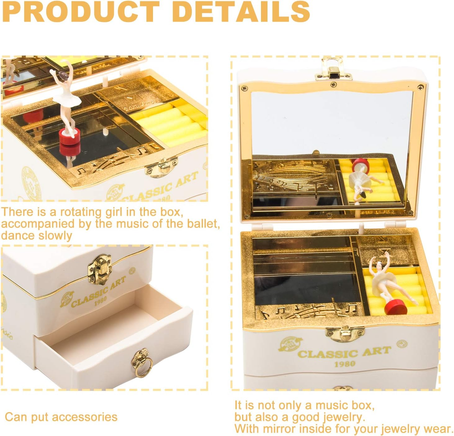 Restynic Rotating Ballerina Music Box Jewelry Storage with Mirror & Organizer - Elegant Ballet-Themed Gift for Girls & Women, Perfect for Birthdays, Christmas, or Special Occasions (White, Small) - White image number 6