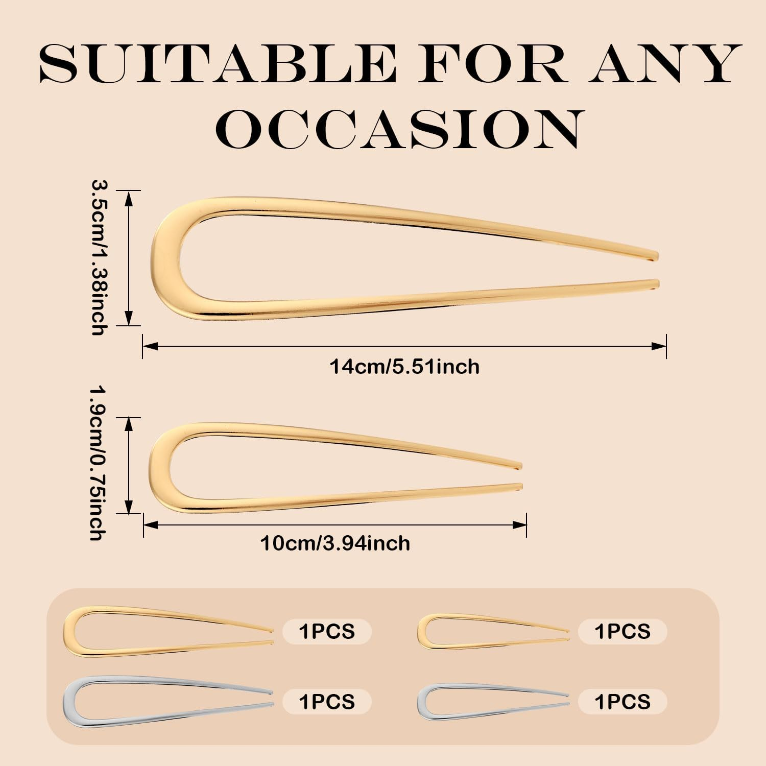 4 Pc French Hairpin, 2 Sizes Alloy U-Shaped Hair Sticks Gold Silver Chignon Hairpin Hair Styling Pins French Twist Hair Clips for Knots Women Gifts image number 6