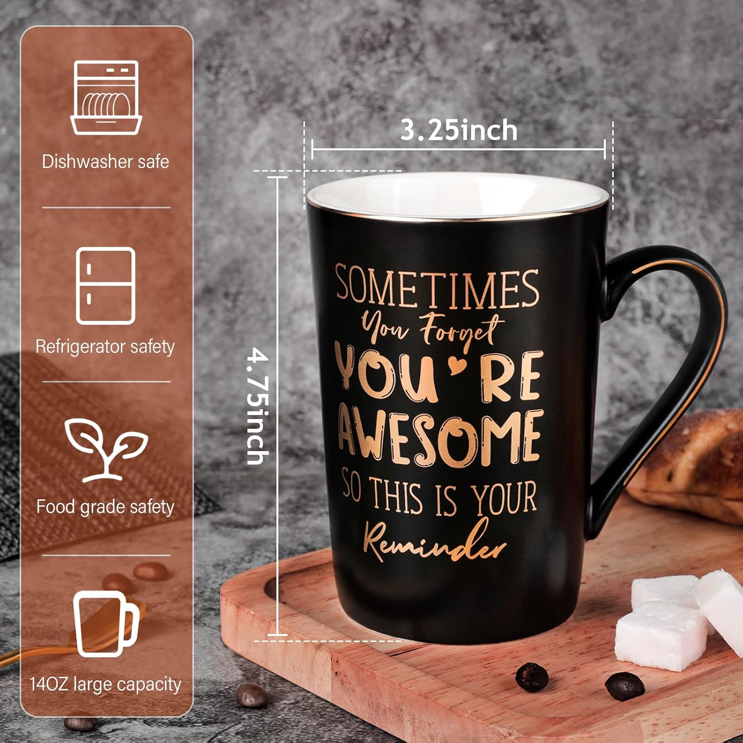 Birthday Thank You Gifts for Men, Sometimes You Forget You'Re Awesome - 14Oz Unique Black Ceramic Inspirational Coffee Mug with Gold Print, Presents for Friends Husband Employee Coworker, Gift Boxed