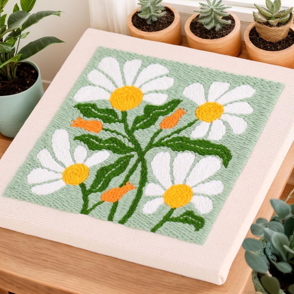 Punch Needle Kits for Beginners,Sunny Lovely White Flowers and Green Background，With Hoop Embroidery Punch Needle Starter Craft Set for Suitable as a Holiday Present for Adults image number 2