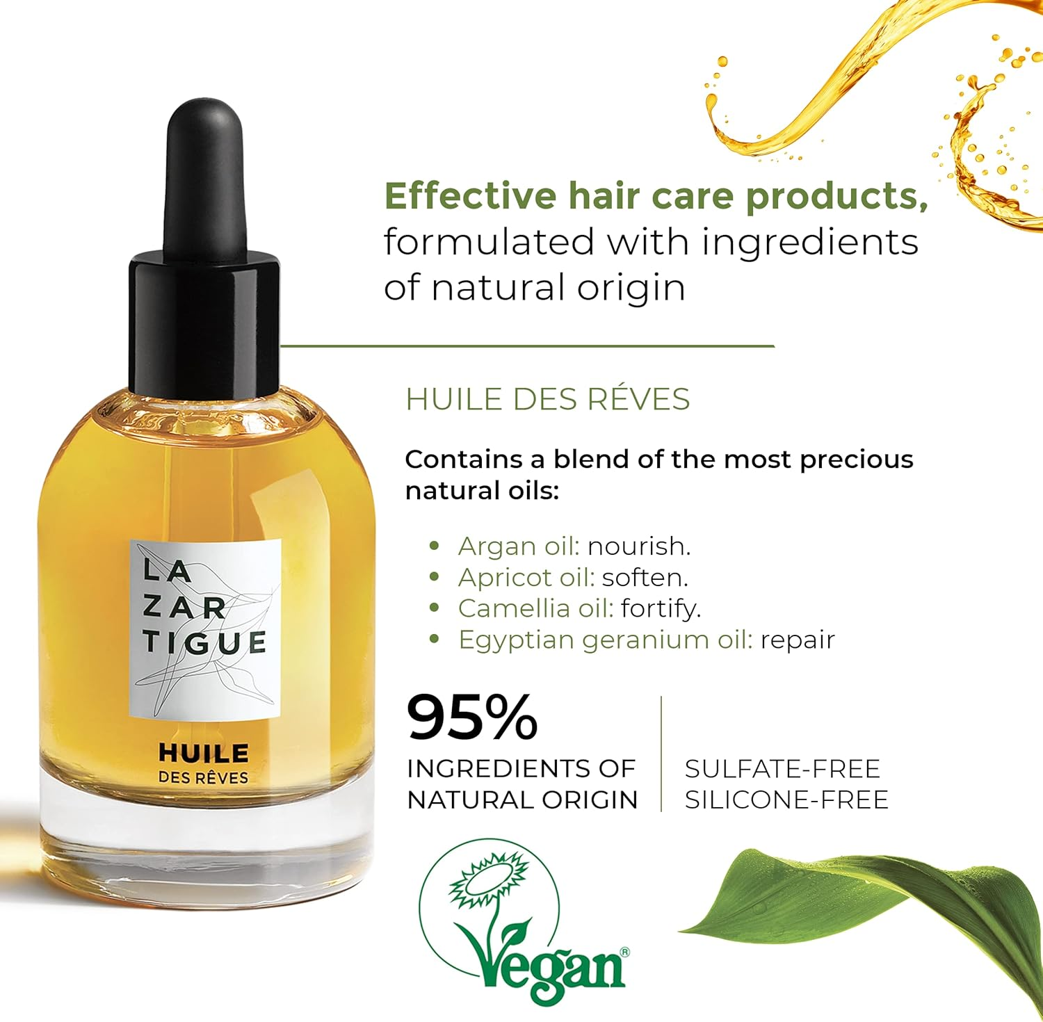 Lazartigue Huile Des R&ecirc;ves Nourishing Dry Oil for Hair, Adds Shine & Nourishment with Argan, Apricot & Camellia Oils, Vegan, Sulfate & Silicone Free, 1.7 Fl Oz