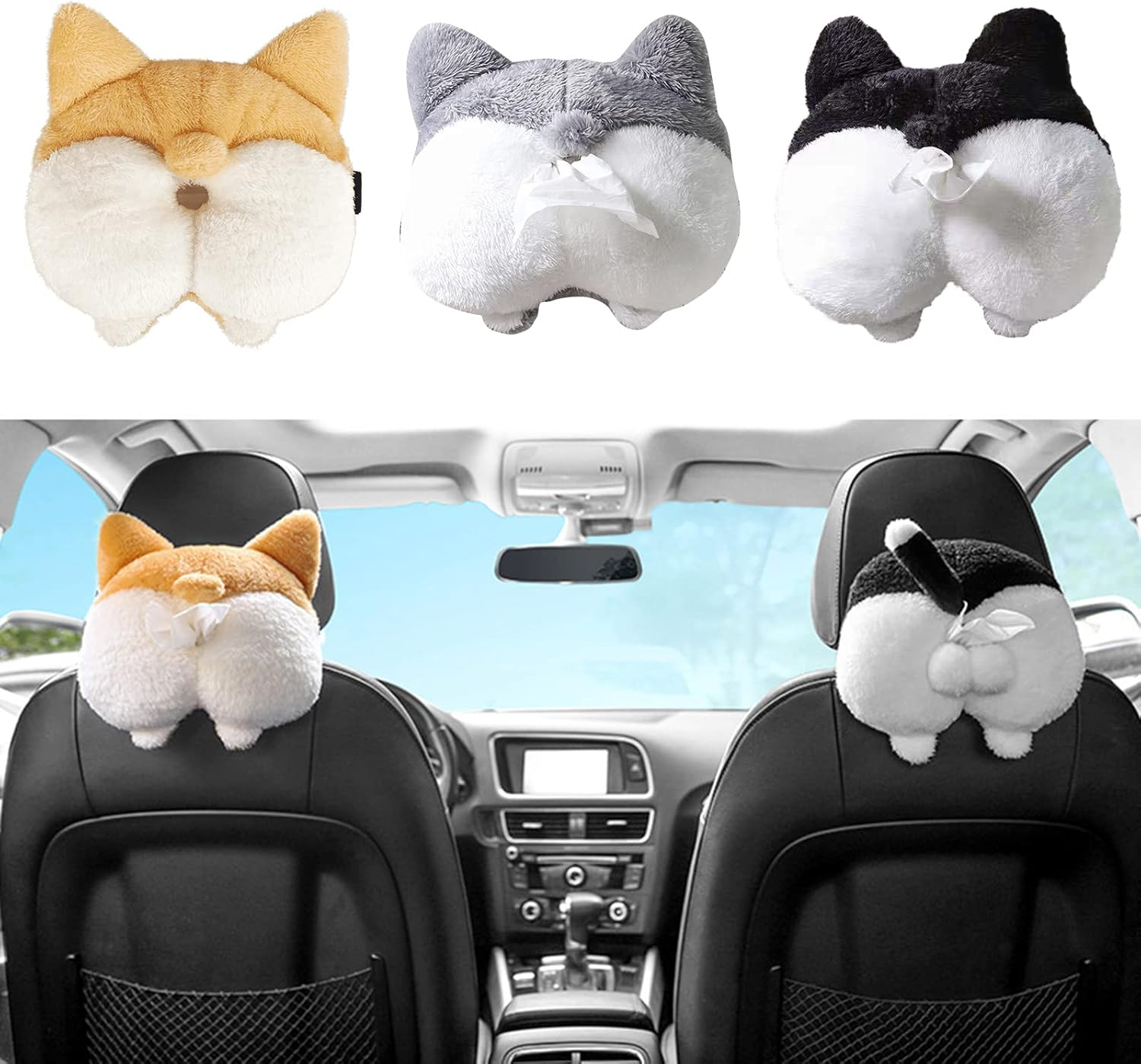 Car Tissue Box Holder - Cute Soft Plush Cat Corgi Butt Dispenser, Cartoon Animals Paper Napkin Storage Box for Home, Bathroom Accessories image number 1