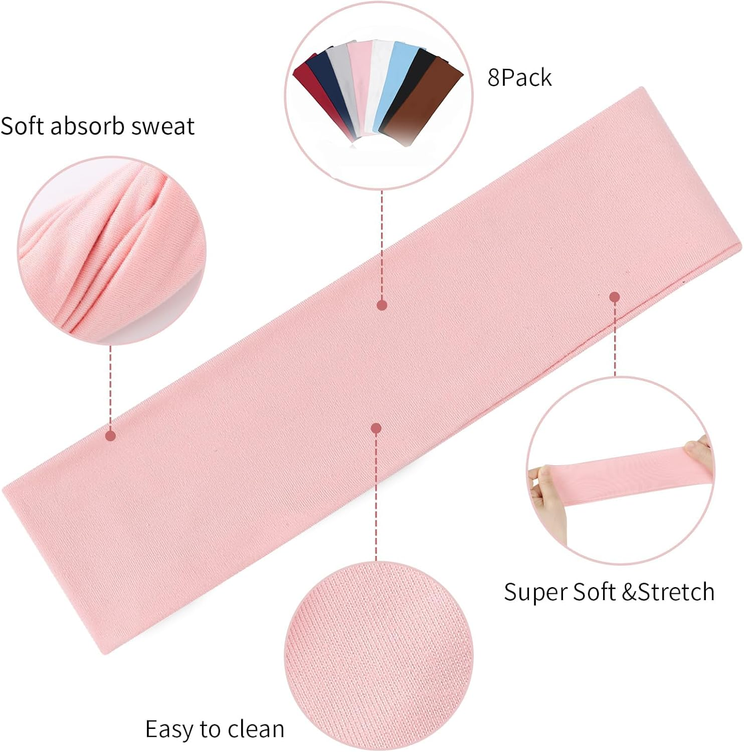 Custelen 8-Pack Sport Headbands for Women - Elastic Soft Fabric Non-Slip Hair Bands for Daily Workout, Yoga, Running, and Sports