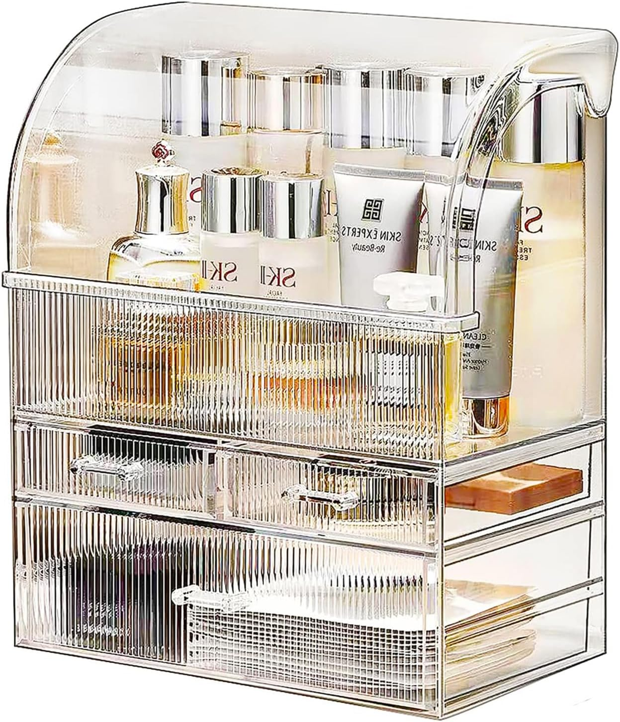 Makeup Organiser Storage, XL Large Acrylic Cosmetics Organiser Skincare Display Case with Waterproof Dustproof Cover for Bedroom Bathroom Desktop(Stripe-Xl)