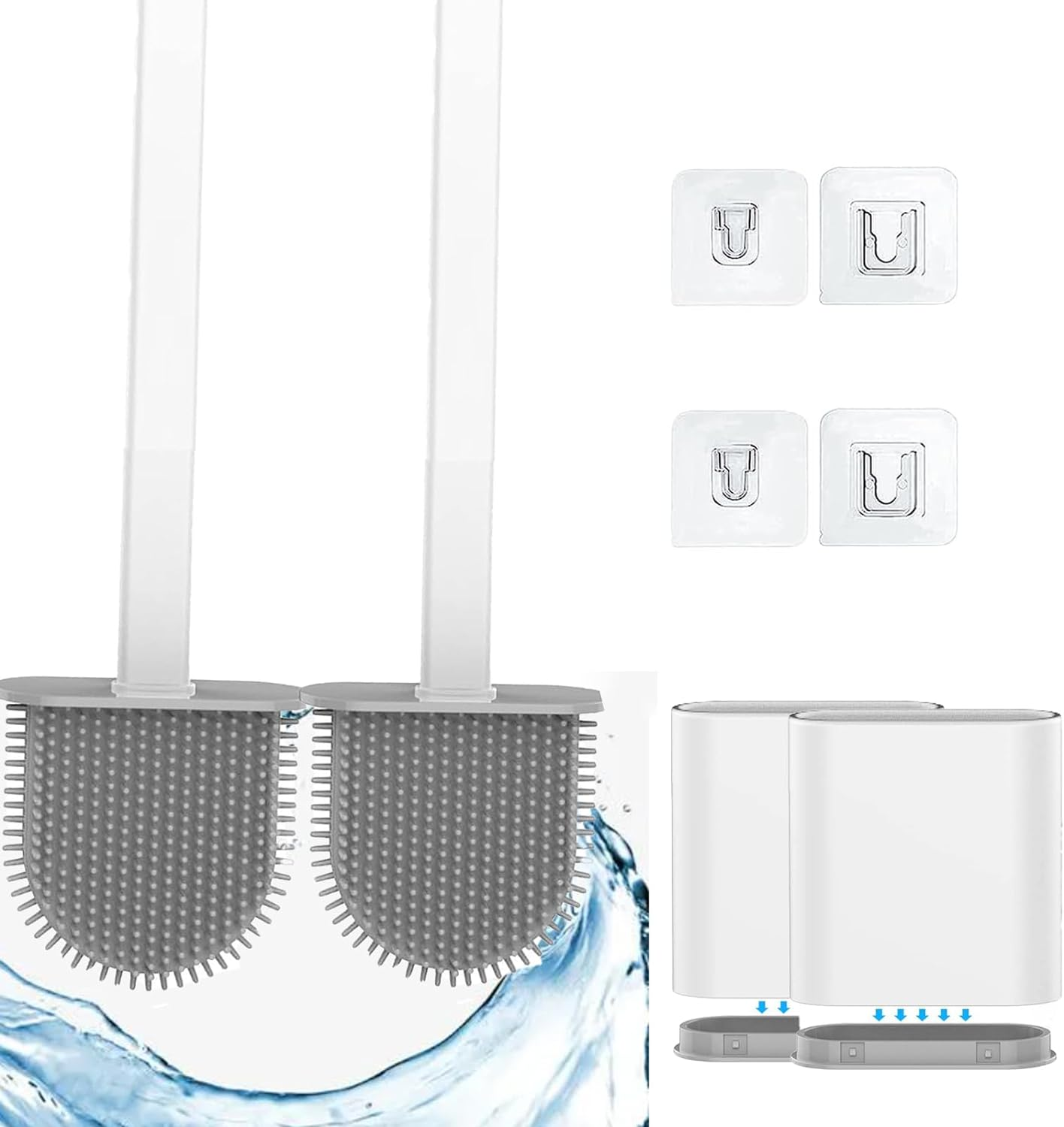 Silicone Toilet Brush-Soft Flat Toilet Brush with Holders,Toilet Brush and Holder Set, Silicone Toilet Brush with TPR Bristles, Wall Mounted and Standing (2 White)