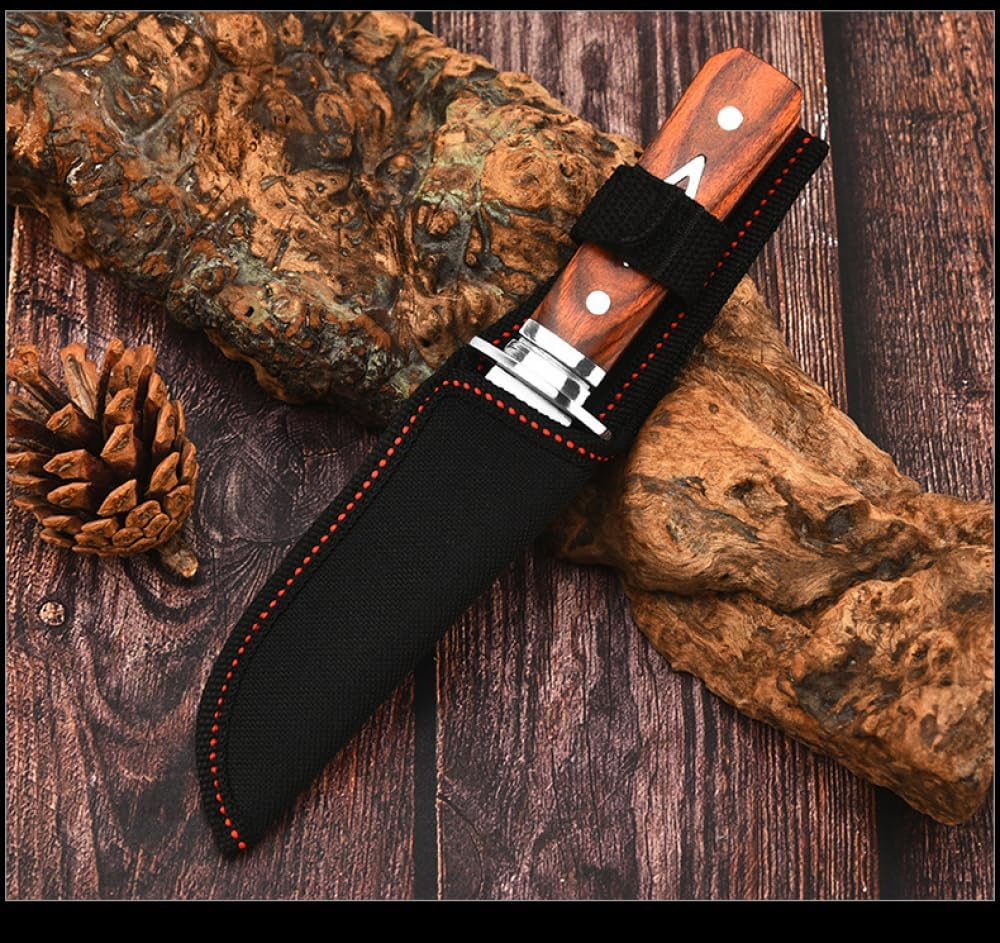 8" Fixed Blade Knife - Satin Finish Stainless Steel Blade, Brown Wood Handle with Stainless Steel Bolster, Includes Nylon Sheath - EDC, Survival, Bushcraft, Skinning and Camping Knife