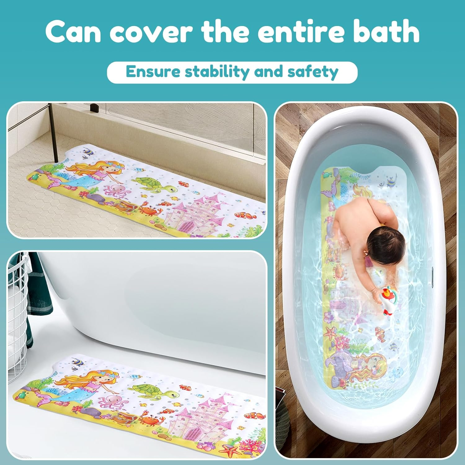 Baby Bath Mat Cartoon Kids Bathtub Mat Non Slip with Suction Cup Drain Holes 40X16In Toddler Shower Mat Machine Washable Bath Tub Shower Mat Reusable Bath Mat for Tub Bathroom (Mermaid Castle)