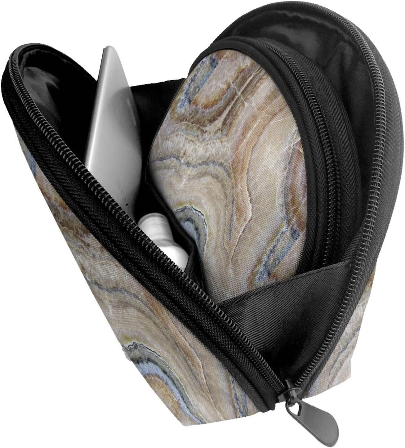 Cozimangoe Coin Pouch Makeup Bags Set, 2 Piece Shell Shape Cosmetic Bag with Pockets for Daily Travel Handbag Lipstick Keys Toiletry, Personalized Onyx Stone Pale Blue Print image number 2