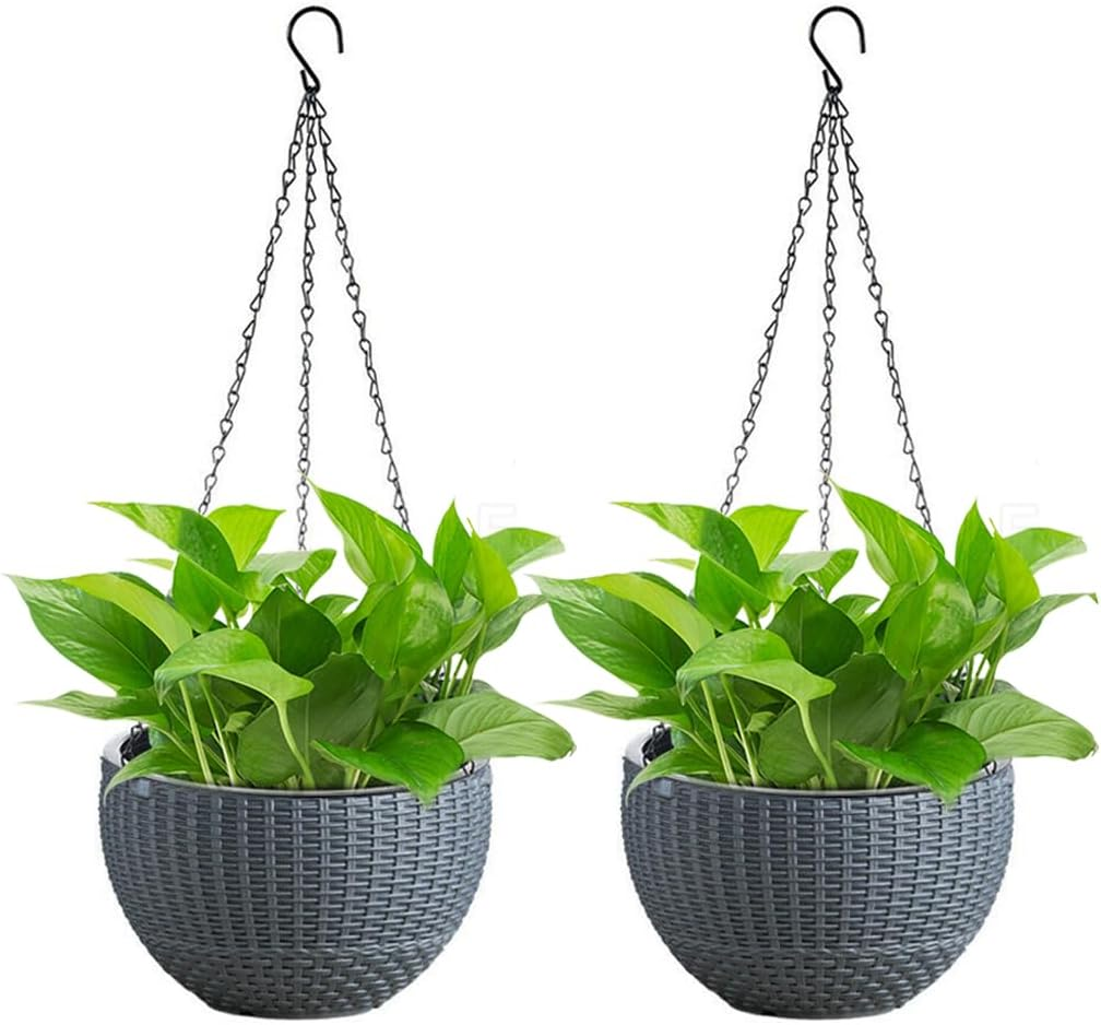 Springup 2 Pack 8.3 Inch Hanging Planters for Indoor Outdoor Plants, Trendy Rattan Design Hanging Flower Pots with Drain Holes, Plant Containers for Garden,Home Decoration,Gift (White)