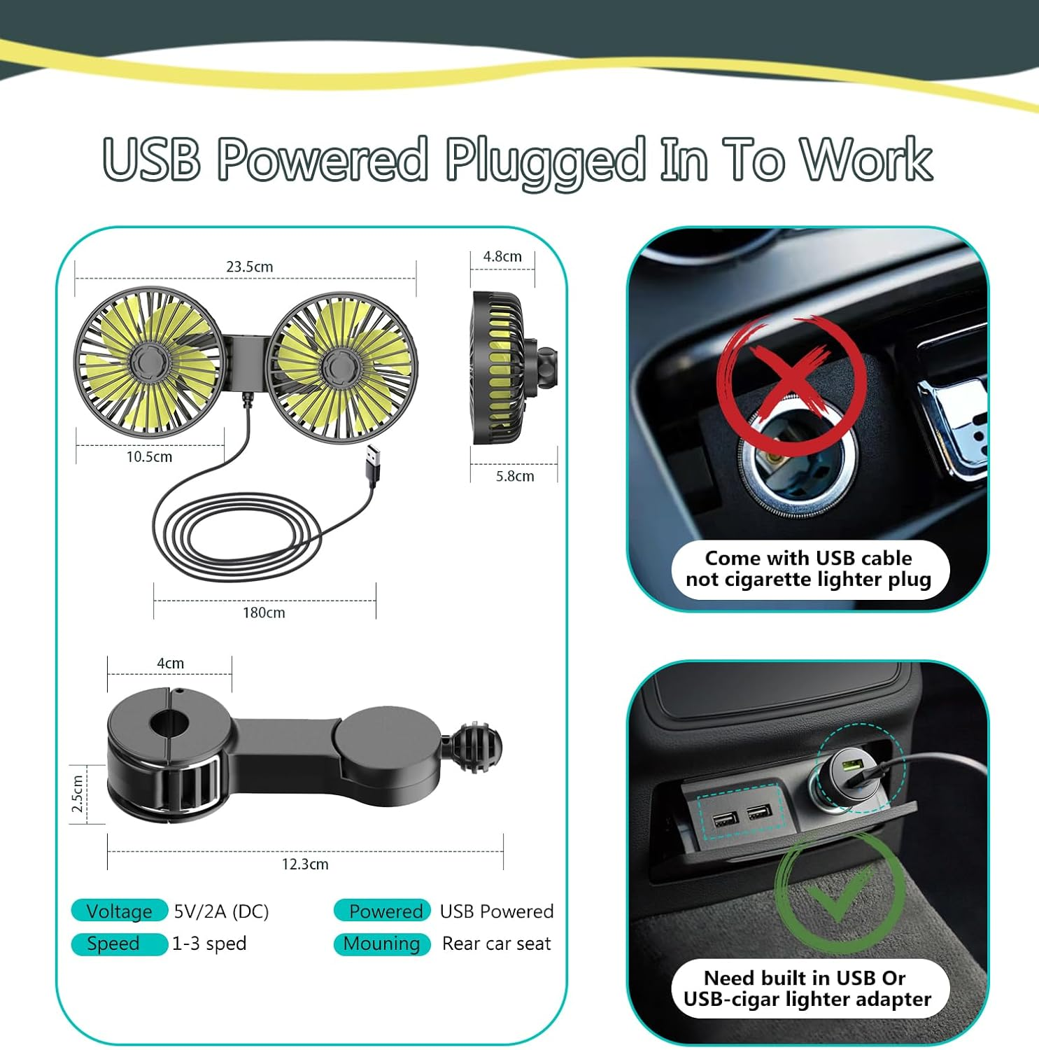 Reelau Car Backseat Fan USB Operated, Dual Head 5V USB Car Cooling Fan for Back Seat Super Strong Airflow Standing Desktop Fan Any Angle Adjustable Automobile Fan Vehicle Fan for Car Truck Van SUV RV