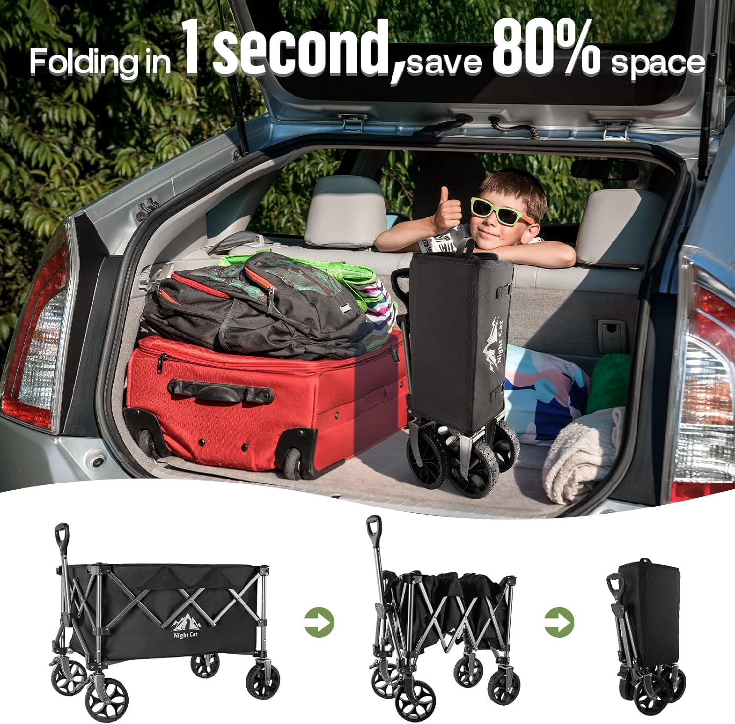 Night Cat Collapsible Wagon for Camping: 150L Garden Gart with Wheels Heavy Duty - Folding Utility Wagon for Outdoor Beach image number 1