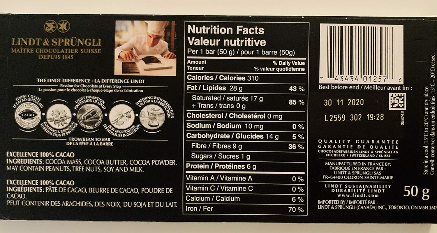 LINDT EXCELLENCE 100% CACAO PURE DARK CHOCOLATE50G image number 3