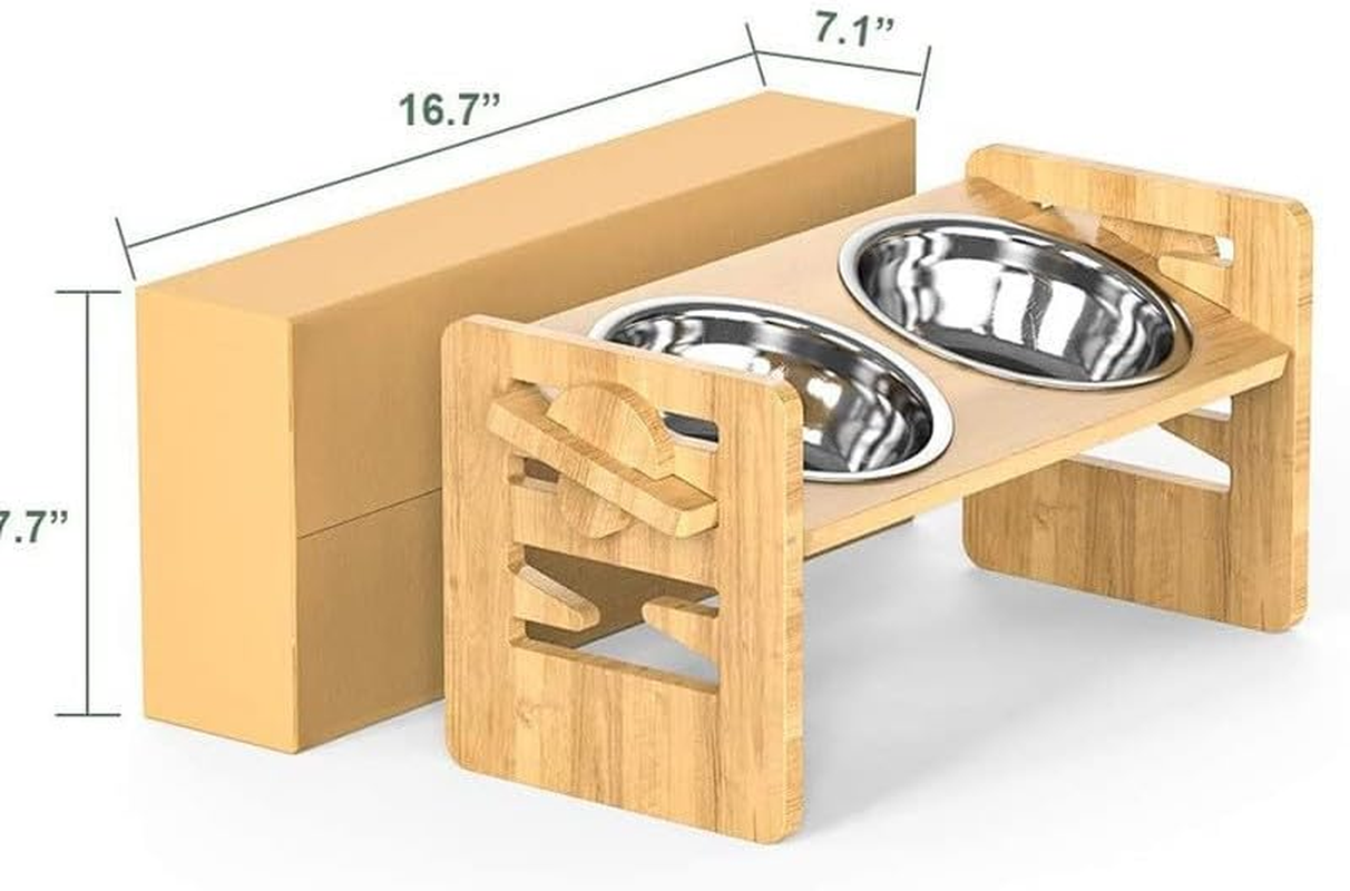 Elevated Dog Bowls-Adjustable Raised Dog Bowls Slanted Bamboo Pet Feeding Station with Stainless Steel Bowl for Small & Medium Dogs, Cat Kitten Flat Faced Puppy Feeder image number 4