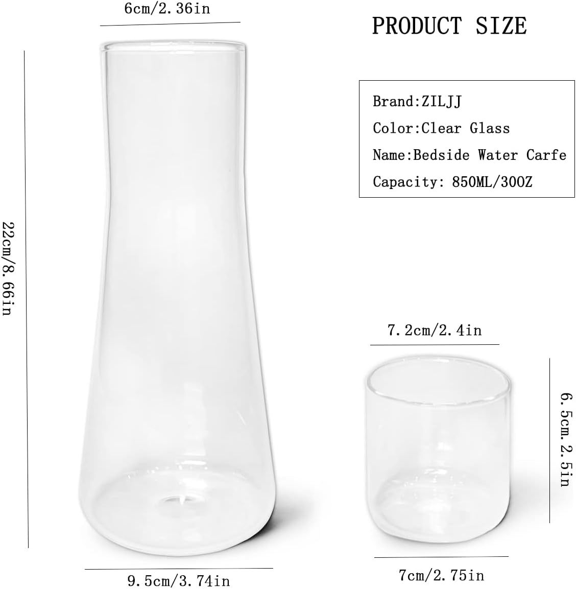 ZILJJ Clear Bedside Water Carafe Set with Tumbler Glass for Bedroom, Bedside Night Water Carafe Set with Glass, Mouthwash Decanter for Bathroom, Water Carafe with Cup for Nightstand (30 Oz/850Ml) image number 3