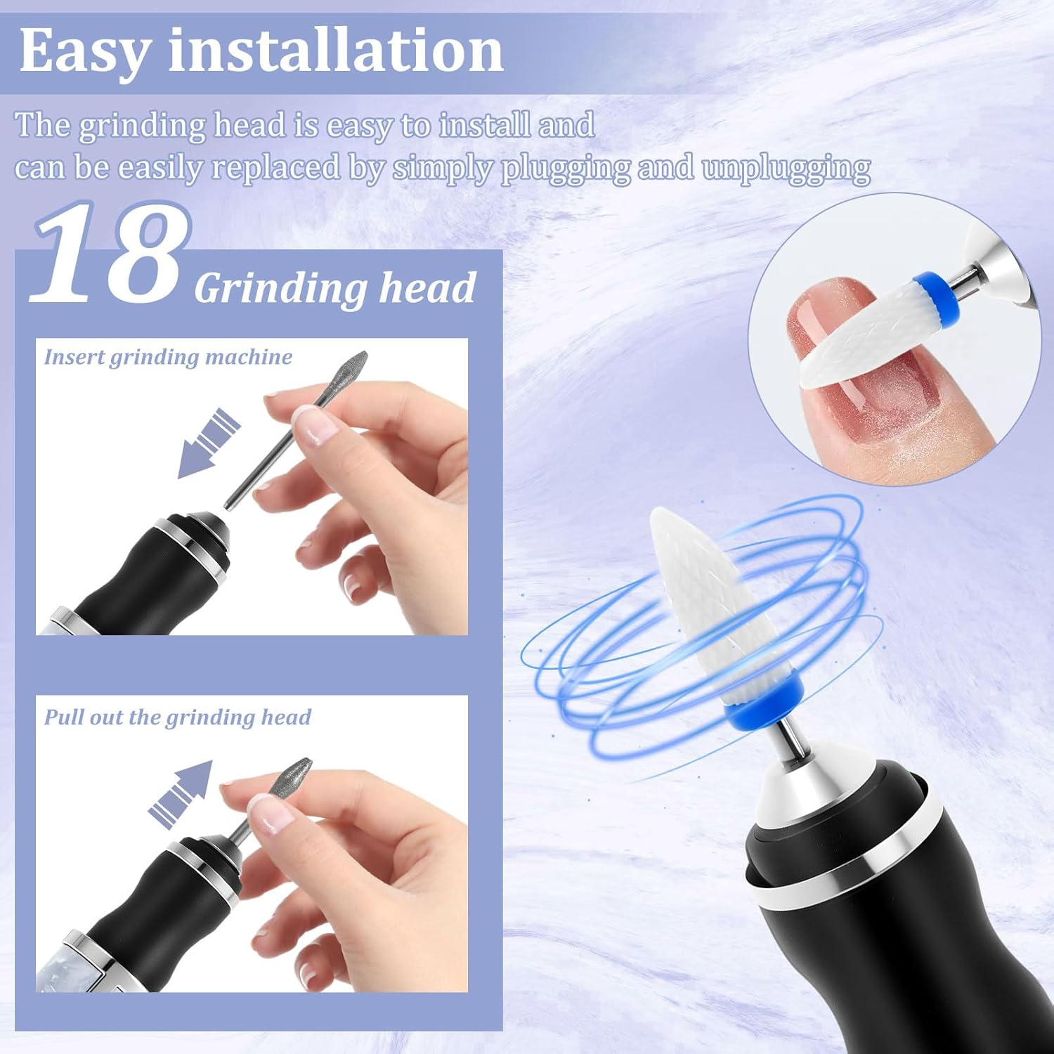 Aluminium Alloy Electric Nail File for Thick Toe Nails Rechargeable 4 Gears Low Noise Grinder for Manicure Pedicure with Bits Sanding Bands Suitable for Home Salon image number 6