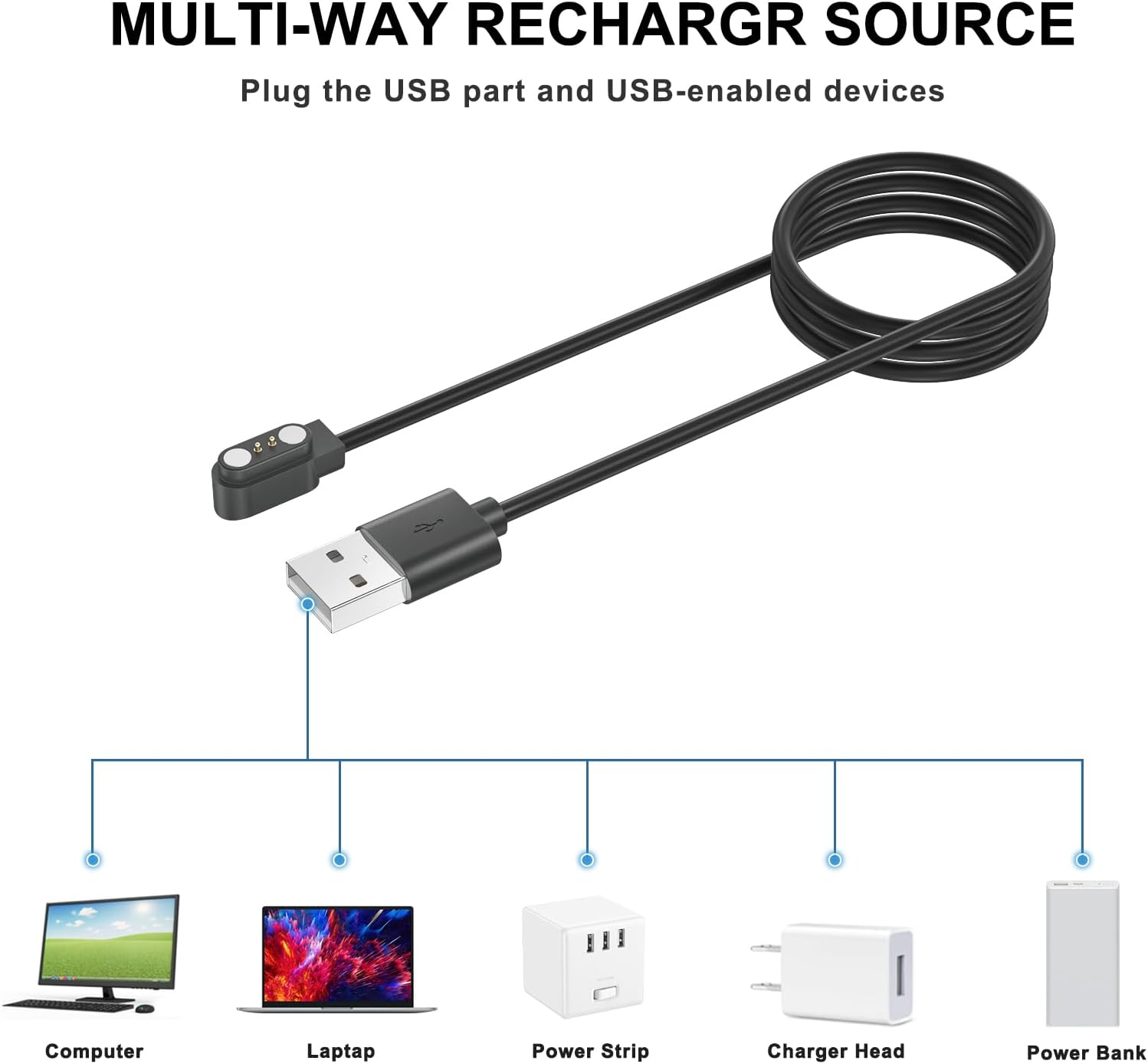 2 Pack 2 Pin Magnetic Charger for Smart Watch, 1M USB Cable for Yamay SW023, Wiliful SW021, Letsfit ID205, Vigorun ID216, Umidigi Uwatch 2/2S/3/3S/Urun/Urun S/Ufit/Haylou GST image number 3