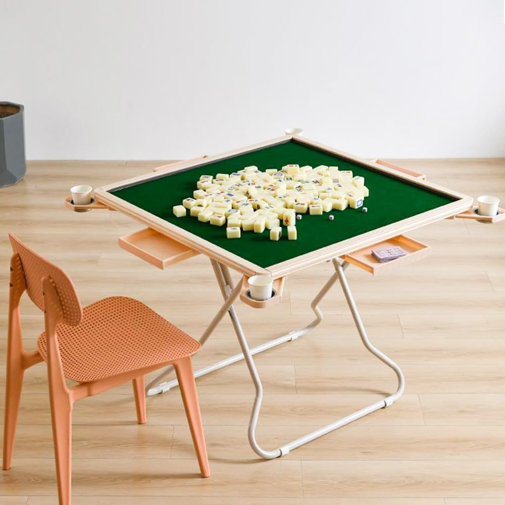 ALSTON Folding Mahjong Table 4 Players Square Mahjong Card Table Portable Game Table, Pink/Green Felt Surface with Cup Holders and Drawers, 88X88X73Cm (Green) image number 6