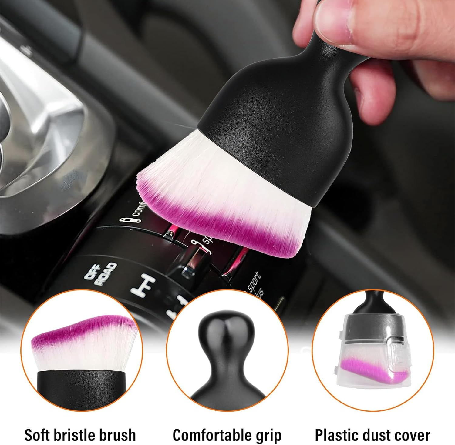 Car Detailing Brush, Curved Soft Bristles Auto Removal Dust Collectors, Universal Vehicle Dashboard, Air Conditioner Vents, Interior Cleaning Tool Accessories (1, White/Purple) image number 3