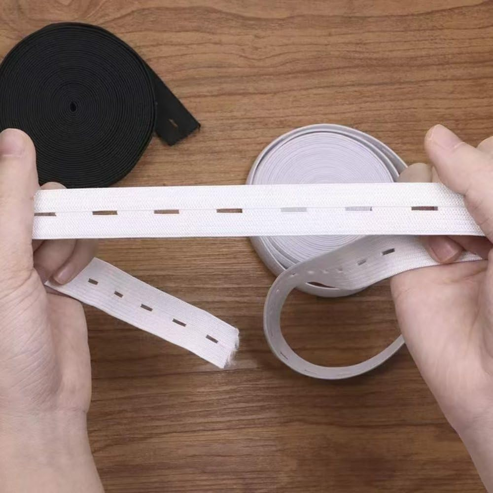 2 Rolls Elastic Band with Holes,Yifarube 1Inch Width Buttonhole Stretch Strip with Soft Tape Measure and 20Pcs Resin Button for Crafts DIY Waistbands (White and Black,5.5 Yard Each) image number 1