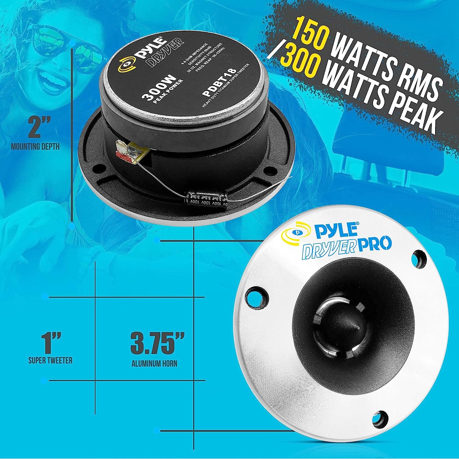 Pyle 3.75'' Titanium Horn Tweeter (Pair) - Aluminum Bullet Diamond Chrome Cutting Finish W/ 300 Watt Peak 20 Oz Magnet Structure 2Khz - 25Khz Frequency Response 4 Ohm & 1" Kapton Voice Coil image number 1