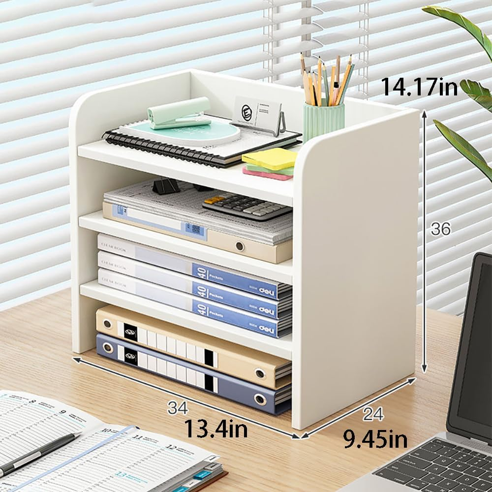 Hbluefat Desktop Organizer, Wood Desk Storage Bookshelf, Magazine File Storage Shelf (4-Tier, White) image number 1