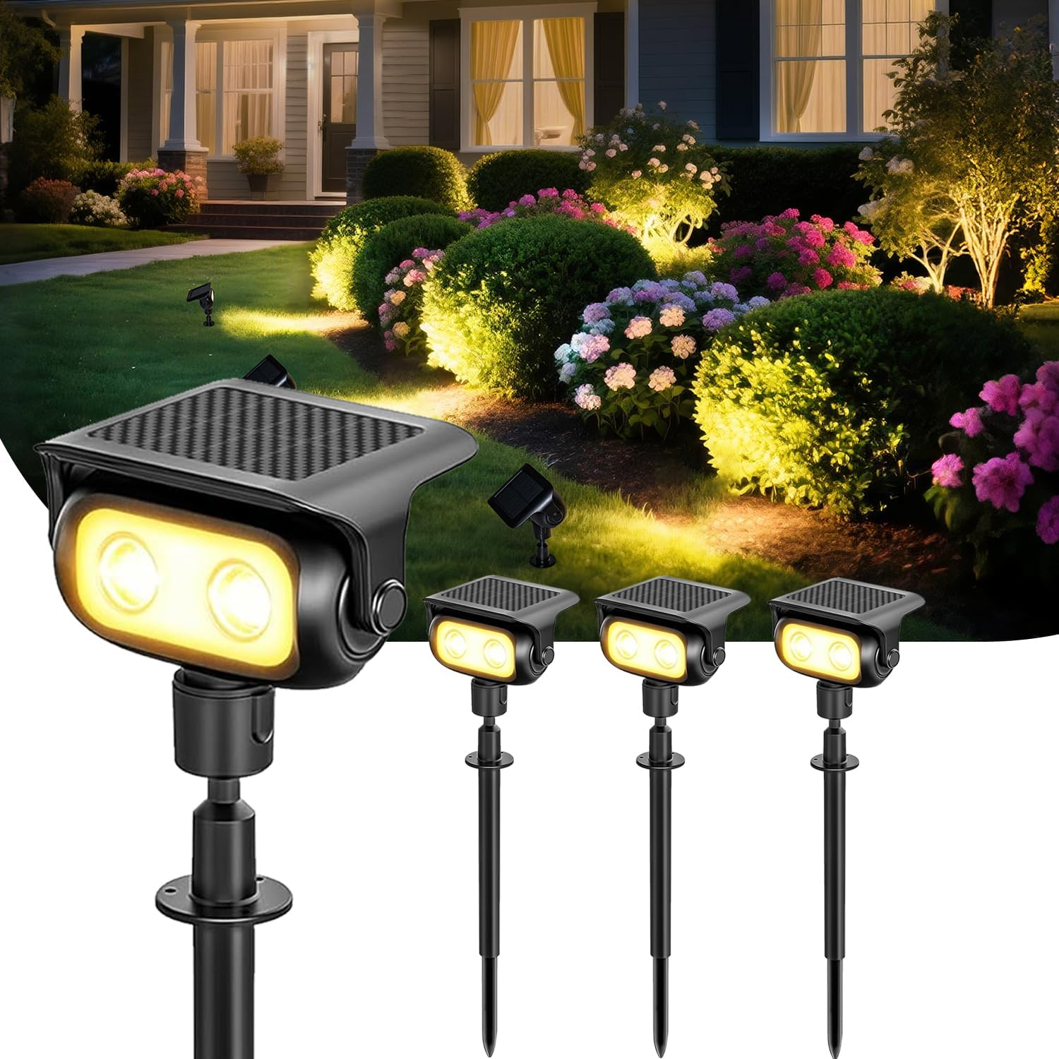 Solar Spot Lights Waterproof Outdoor, 3000K Warm White Outdoor Garden Lights, outside Wall Lights, 2 Lighting Modes Landscape Light Solar Powered for Garden, Patio, Yard, Lawn, Backyard (4 Pack) image number 3