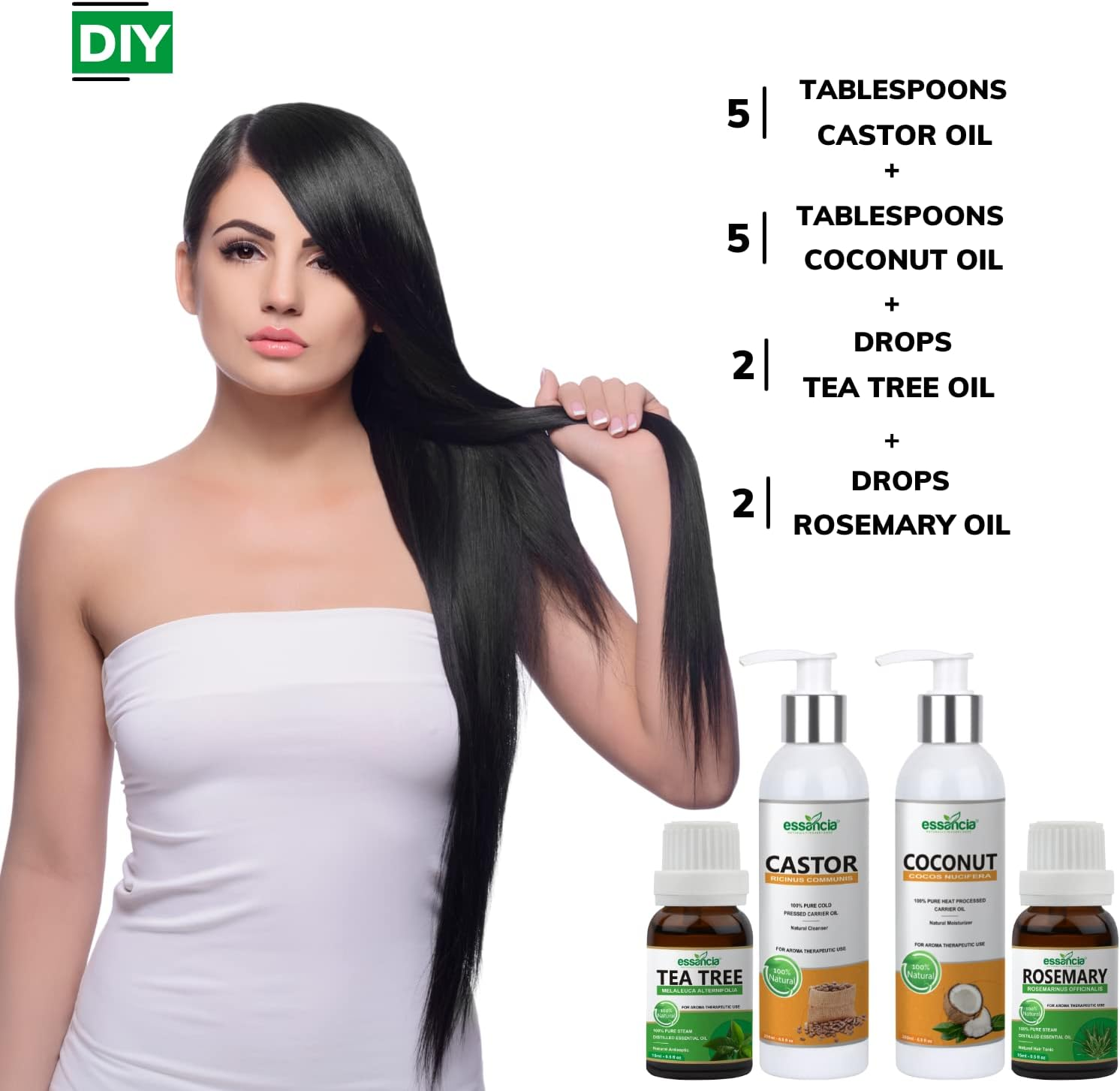 Essancia Hair Oils Combo/Hair Care Kit (Castor Oil + Coconut Oil + Tea Tree Oil + Rosemary Oil) Controls Hair Fall - Promotes Healthy Hair Growth image number 4