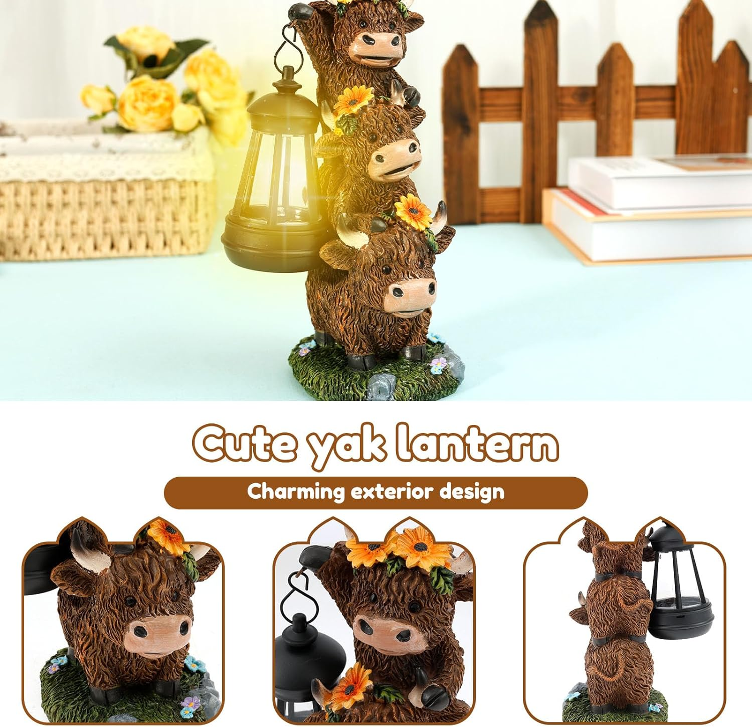 Garden Highland Cow Statue, Funny Highland Cow Decor with Solar Lantern, Synthetic Resin Cows Garden Statue, Lawn Ornament for Yard Patio Pathway (Color B) - Color A image number 5